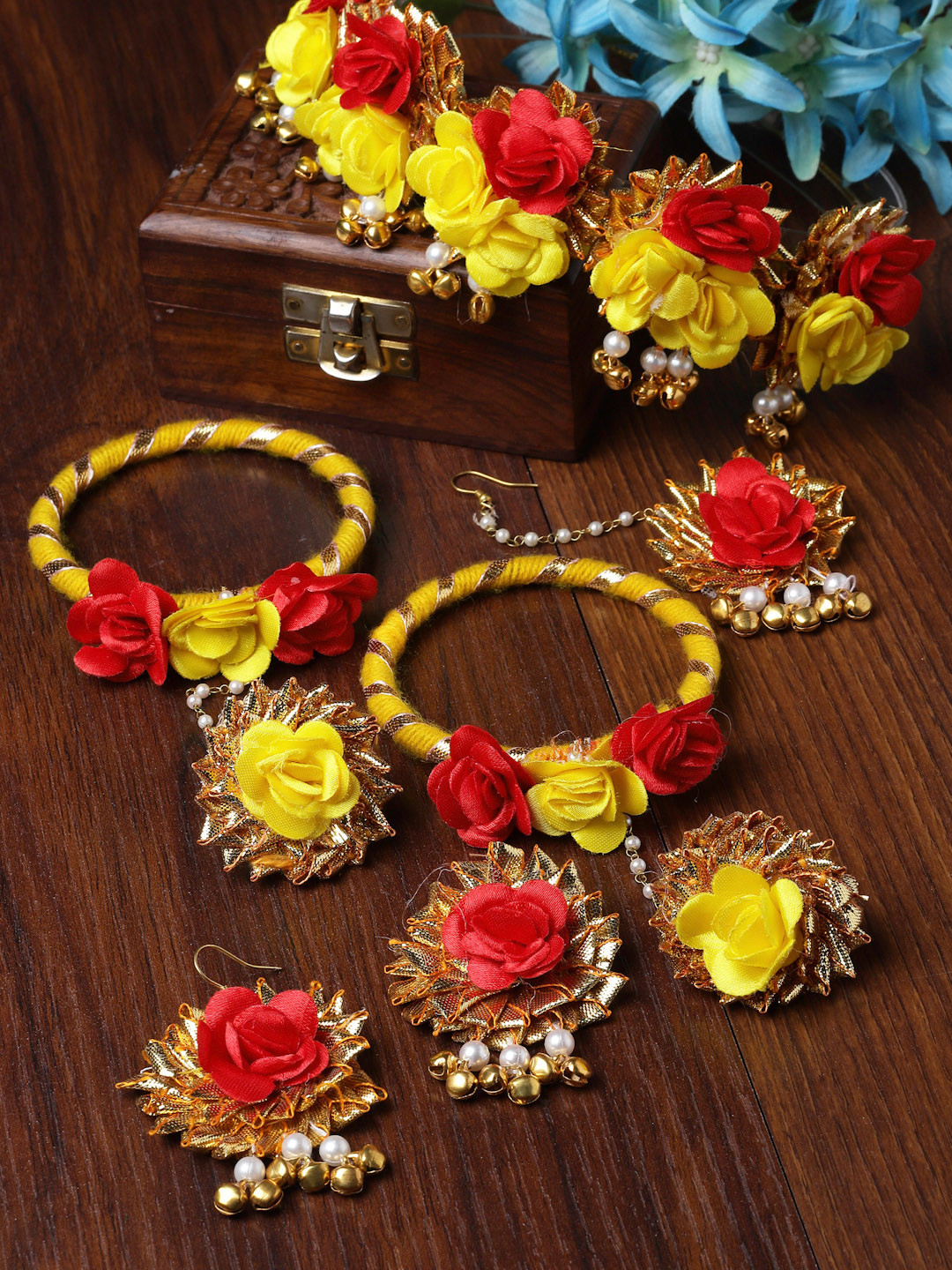 ZENEME Floral Beaded Haldi & Mehendi Jewellery Set with Maang Tika & Ring