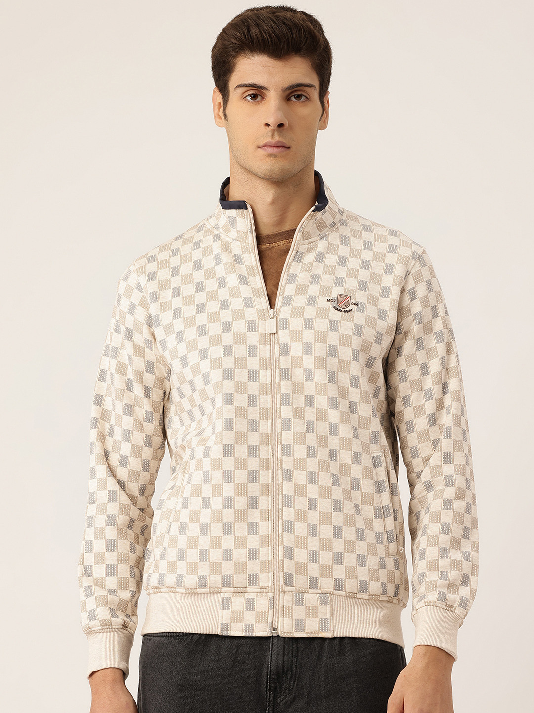 Monte Carlo Geometric Printed Mock Collar Cotton Front-Open Sweatshirt with Inner Fleece