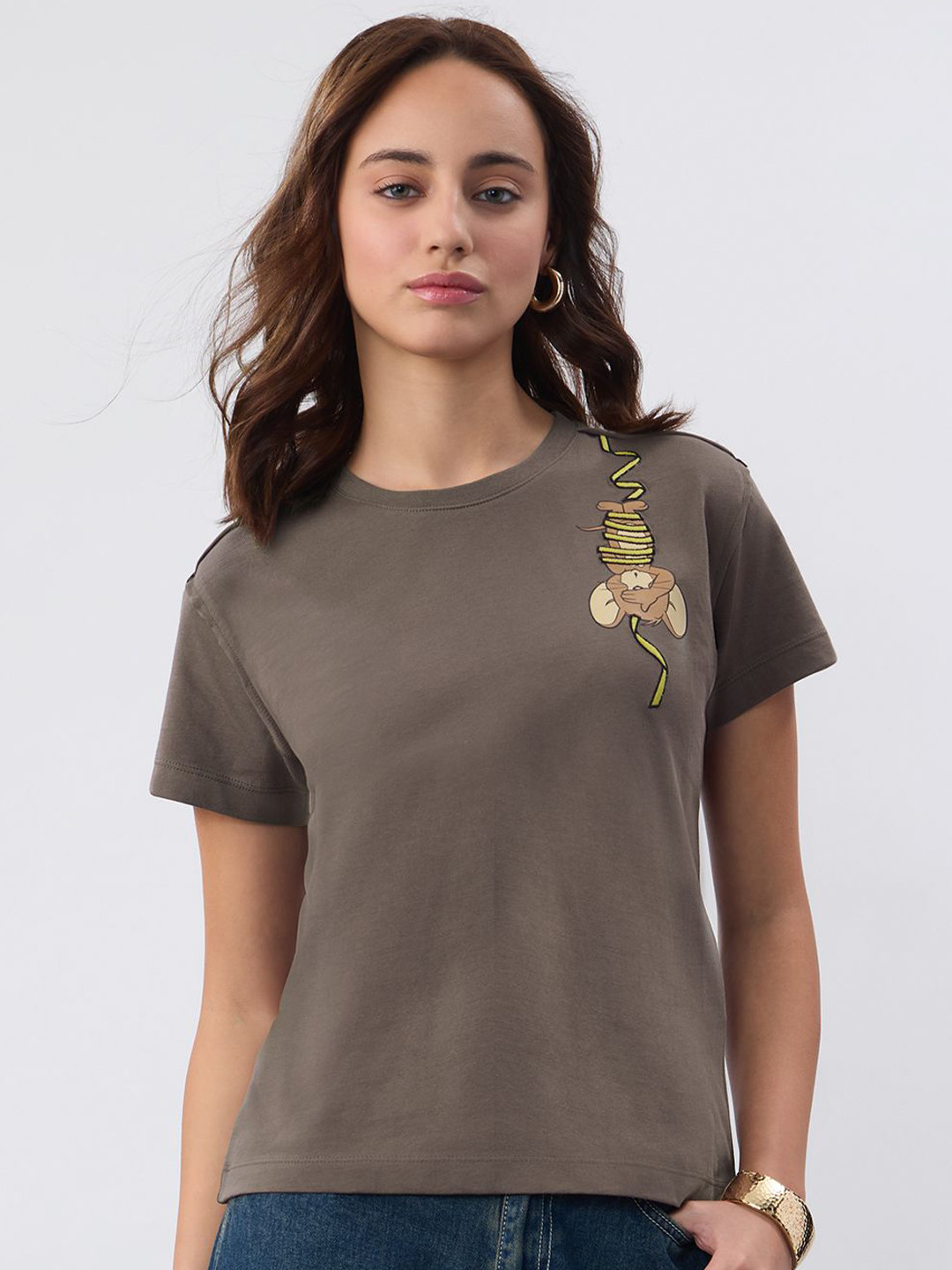 The Souled Store Tom & Jerry Hanging Jerry Printed Short Sleeves Cotton T-shirt