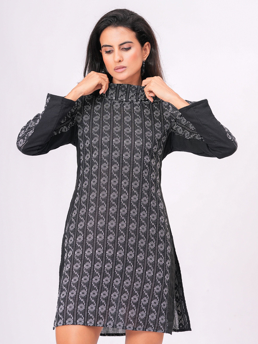 Garin Ethnic Motifs Print High Neck Cotton Mini Dress