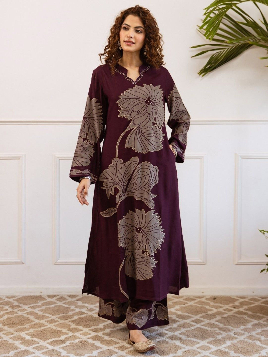 AUTUMN LANE Kabool Mulberry Floral Printed Pure Cotton A-Line Kurta With Palazzos
