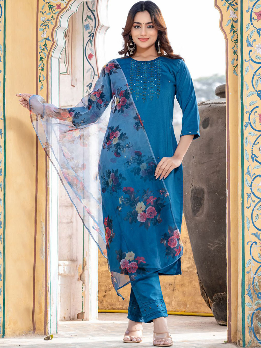 FANCYNINE Women Embroidered A-line Kurta With Trousers & Dupatta