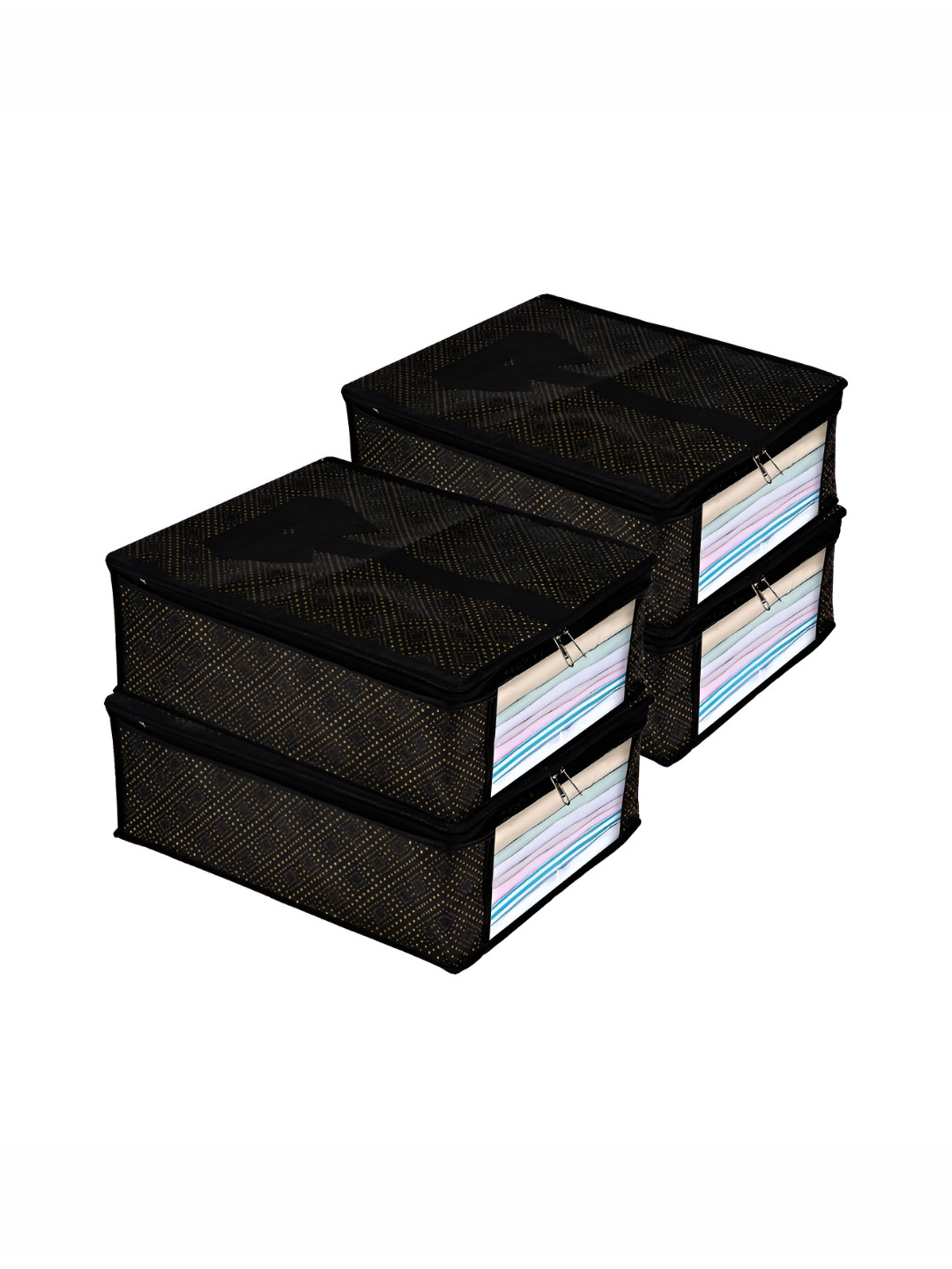 Aura Black & Biege 4 Pcs Golden-Dot Cover Multi-Utility Organisers With Transparent View