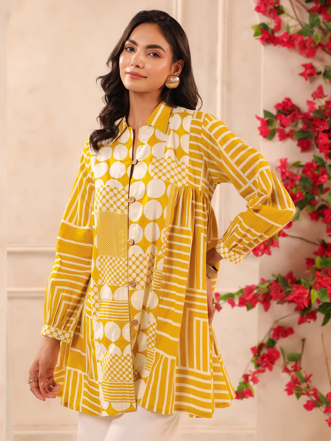 Jaipur Morni Women Printed Shirt Collar Cotton Tunic