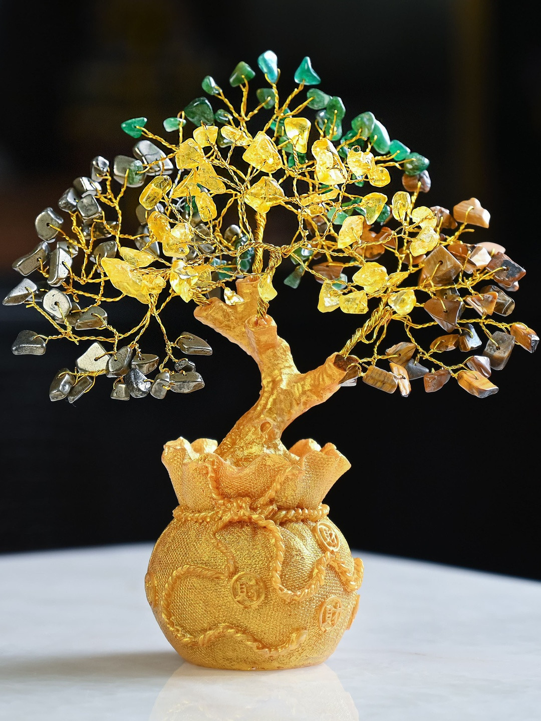 HINDCRAFT Gold Toned Money Magnet Crystal Tree Crystal Figurine Showpiece