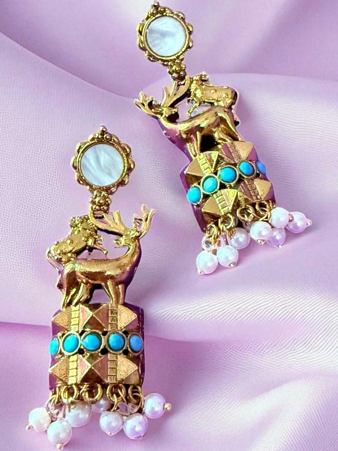 Anouk Women Blue Stone & Pearl Drops Royal Deer Motif Earrings