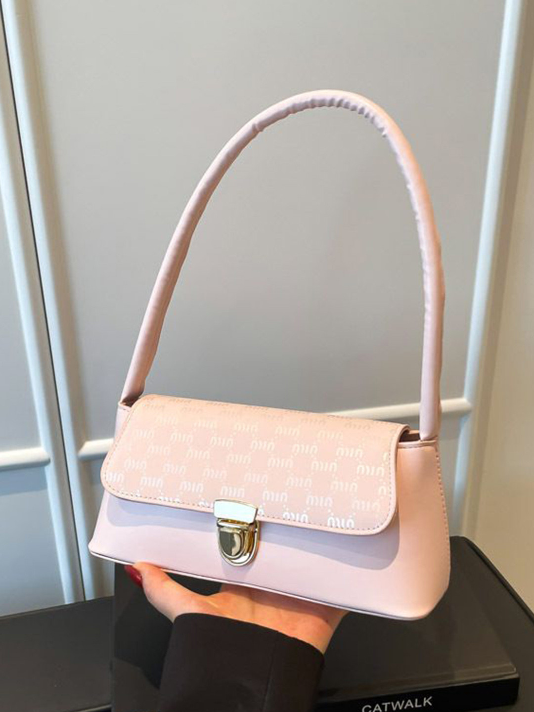 StyleCast x Revolte Women Brand Logo Printed Baguette Shoulder Bag