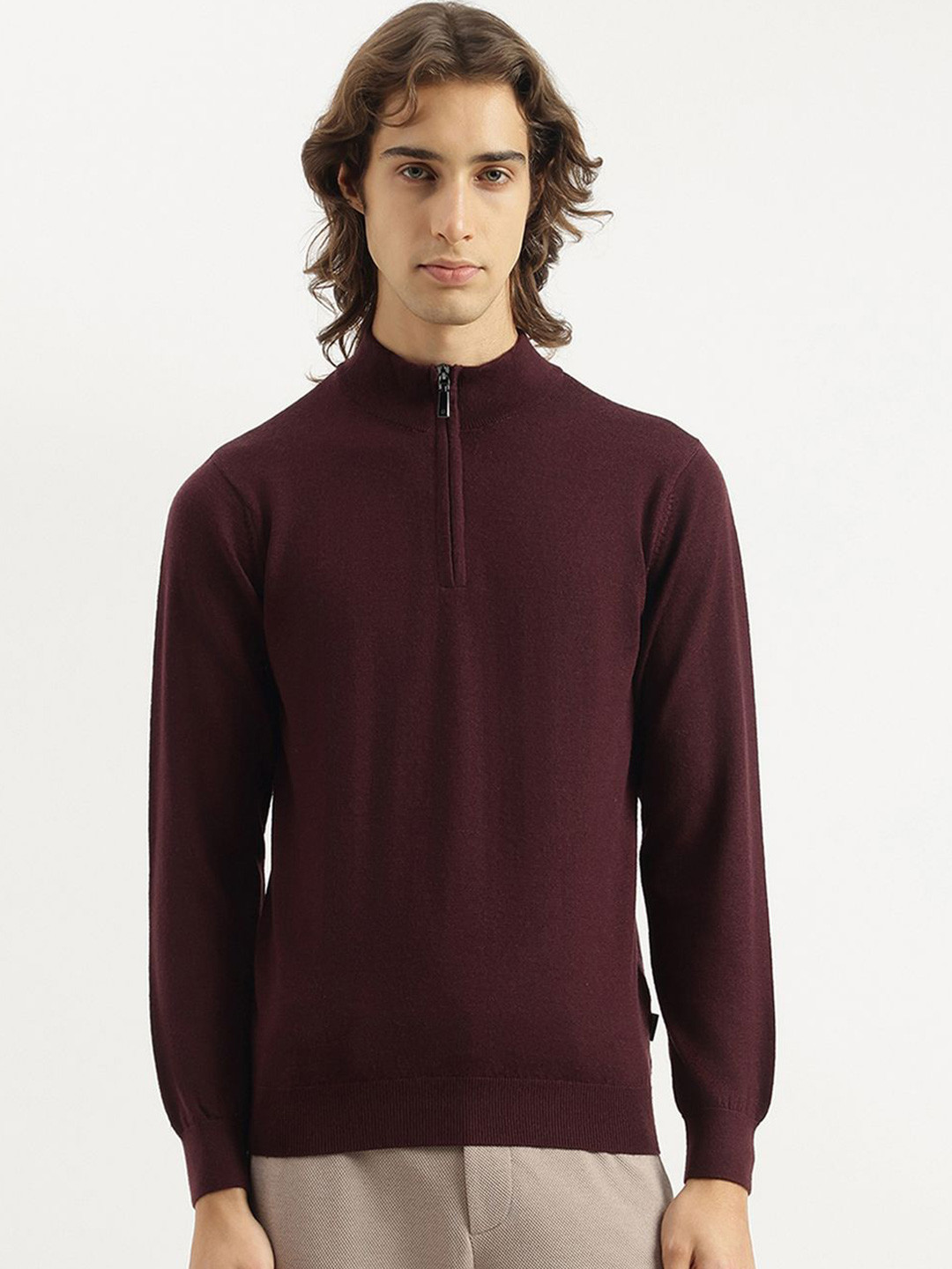 United Colors of Benetton Men Regular Fit Mock Neck Merino Wool Sweatshirt