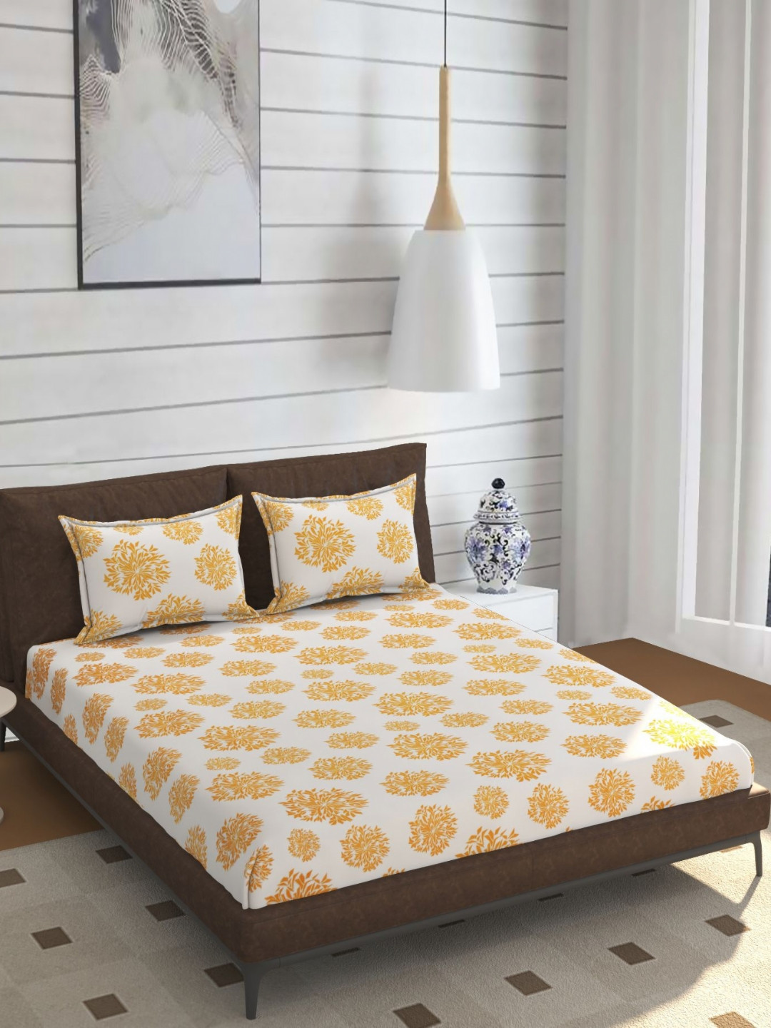 ohello White & Gold-Toned Floral Printed 210 TC King Bedsheet Set- 1.98m x 1.82m