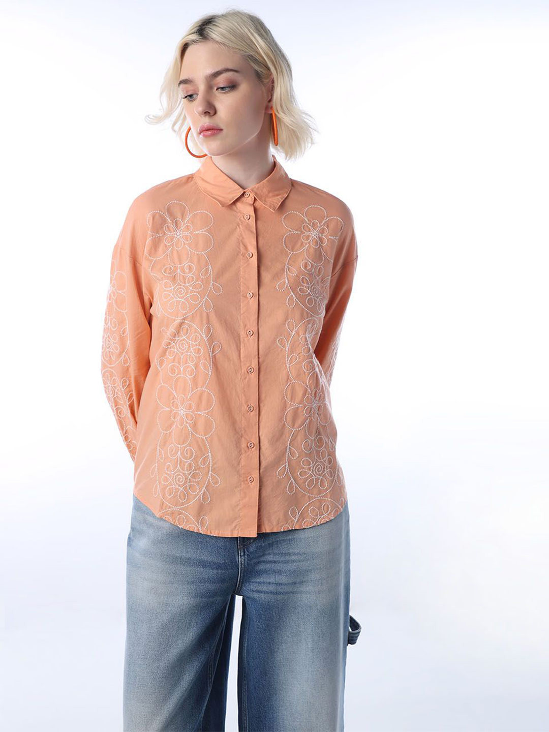 ONLY Embroidered Spread Collar Pure Cotton Casual Shirt