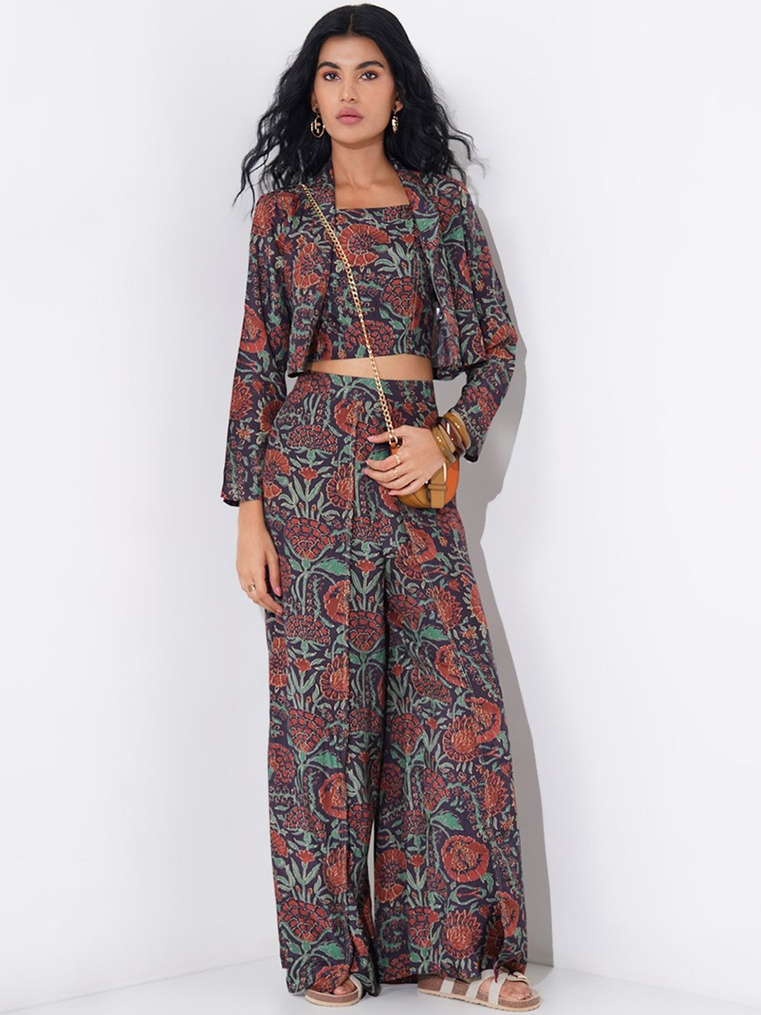 AKKRITI BY PANTALOONS Floral Printed Crop Top & Jacket With Palazzo