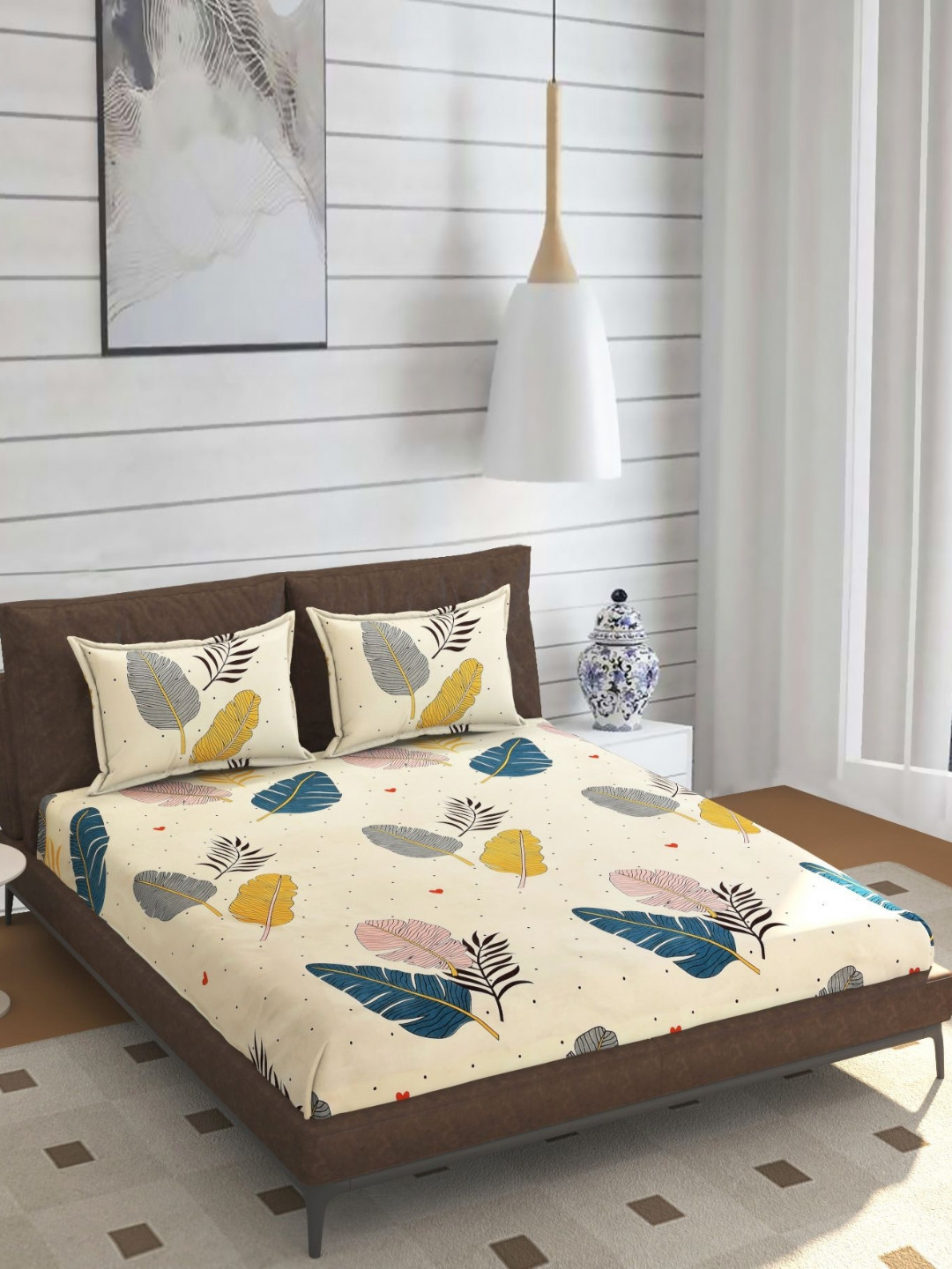 ohello Off White And Yellow Floral Printed 210 TC King Bedsheet Set- 1.98m x 1.82m