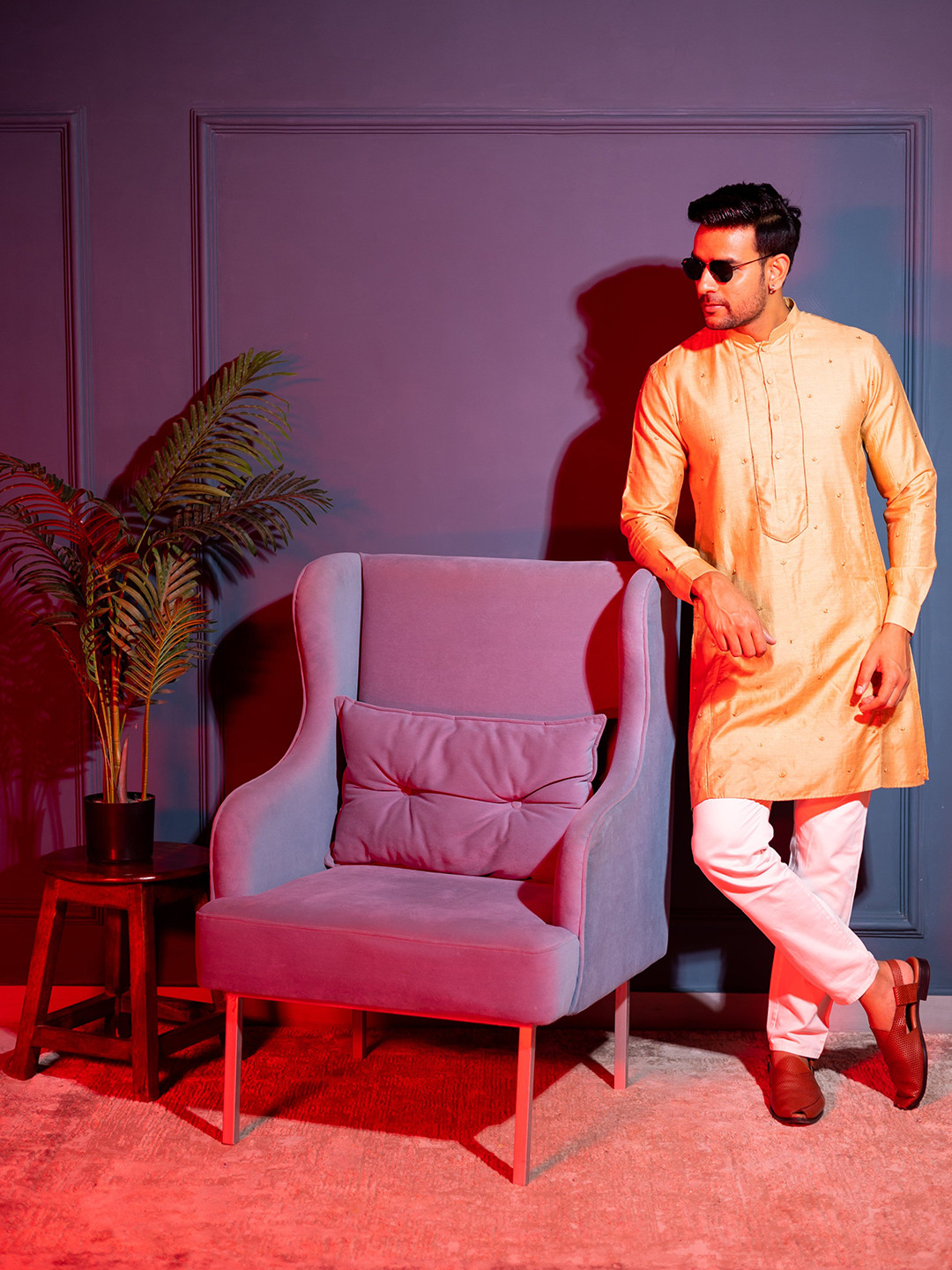 INAAYA JAIPUR Embellished Mandarin Collar Beads And Stones Moonga Silk Straight Kurta