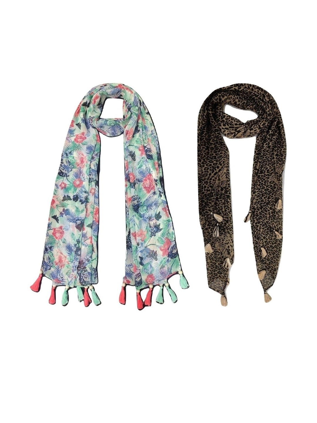 StoleVilla Pack Of 2 Floral Printed Tasseled Border Stoles