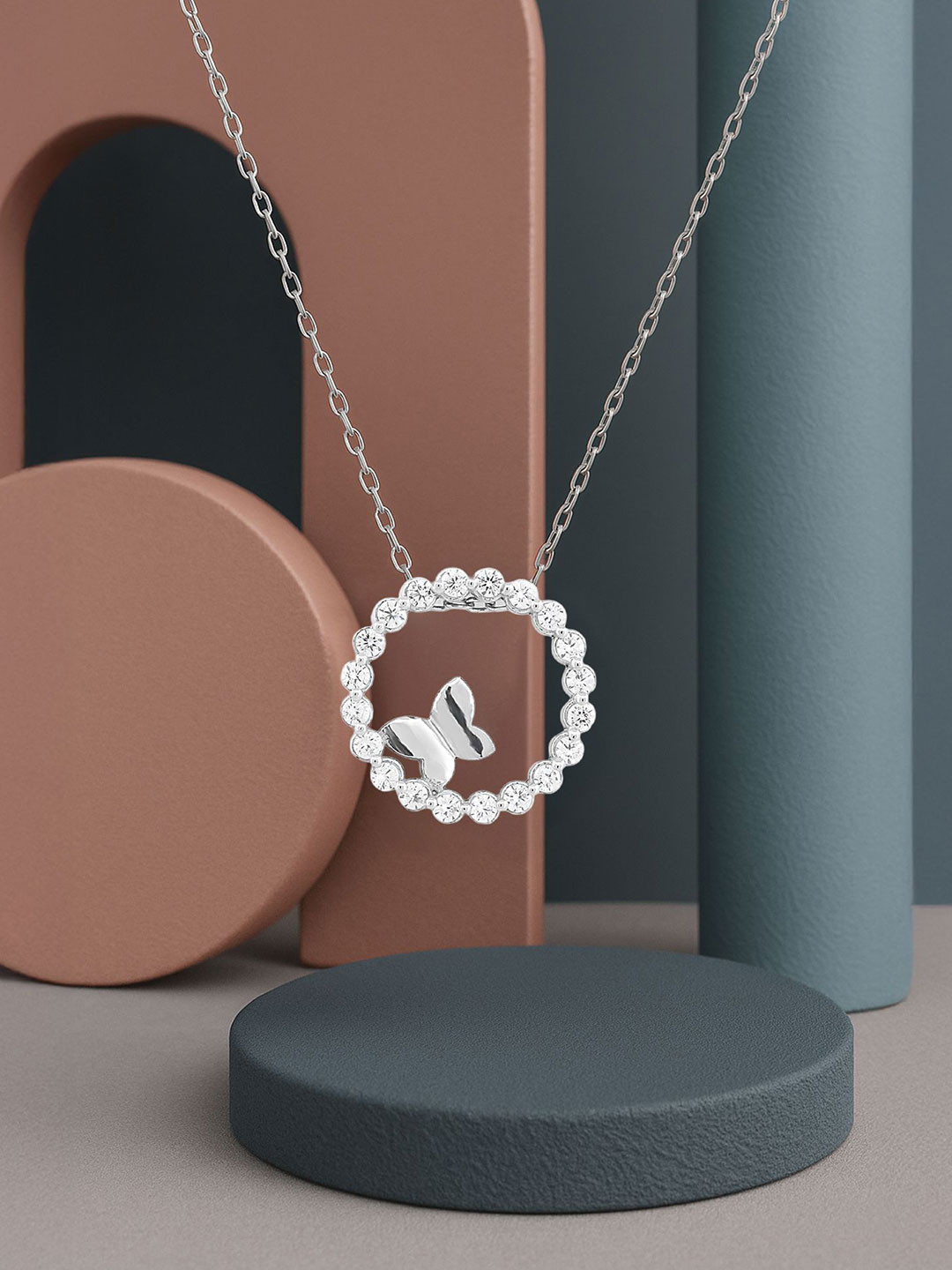 TVISVA JEWELS Sterling Silver-Plated Crystals Studded Circular Butterfly Chain