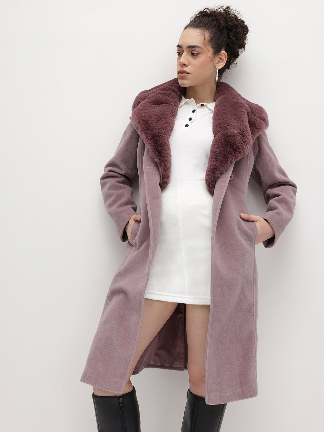 The Roadster Life Co. Notched Lapel Collar Double-Breasted Overcoat with Faux Fur