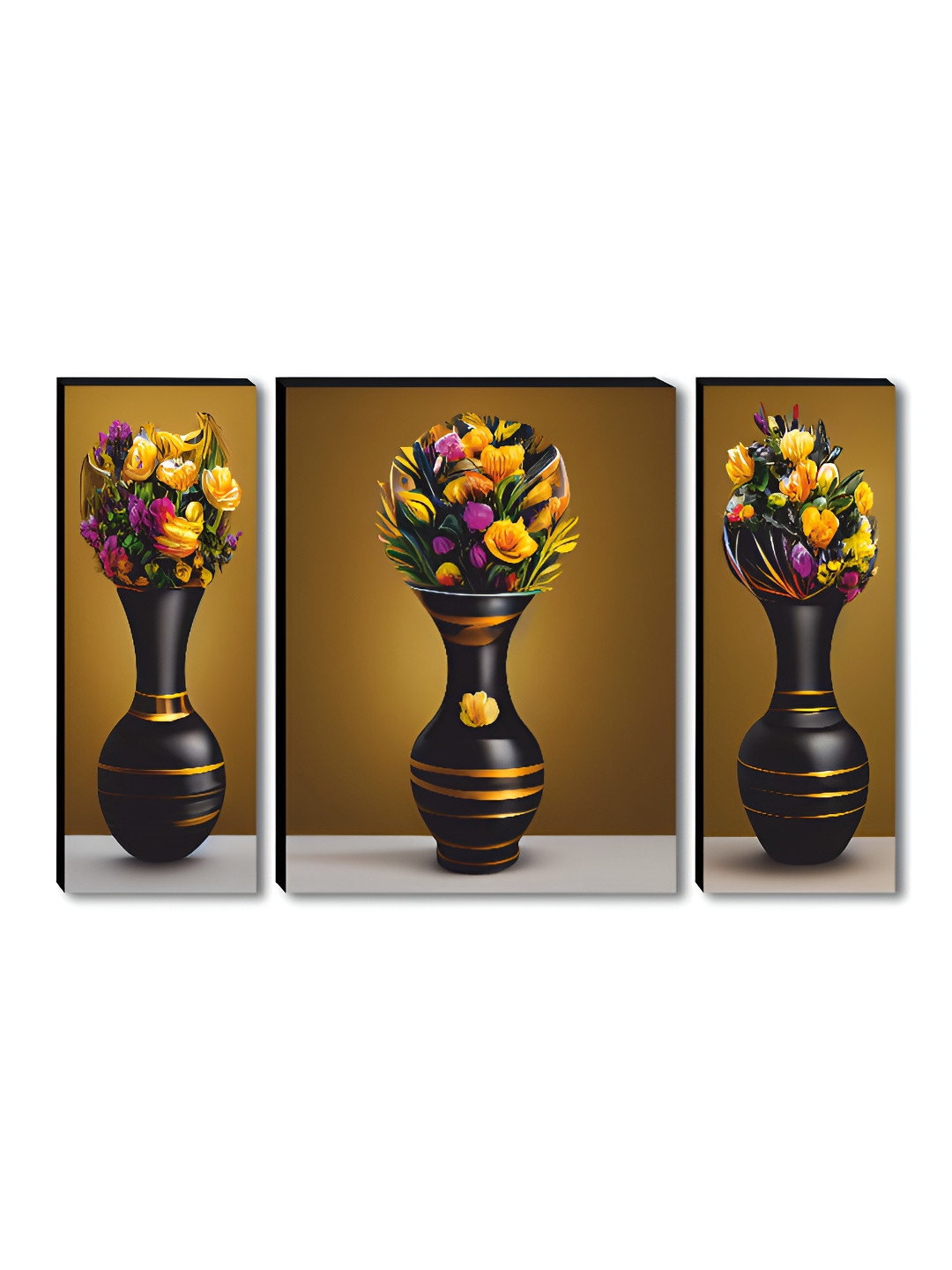 SAF Black & Yellow 3 Pieces Floral Vase Printed Wall Arts