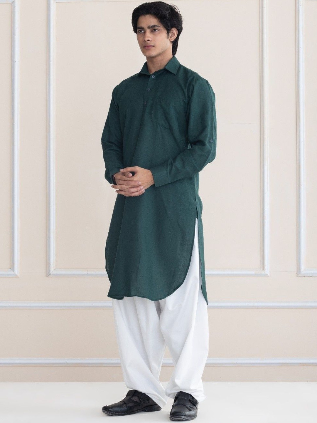 APPIX Men Green & White Solid Shirt Collar Long Sleeves Cotton Kurta & Salwar Set