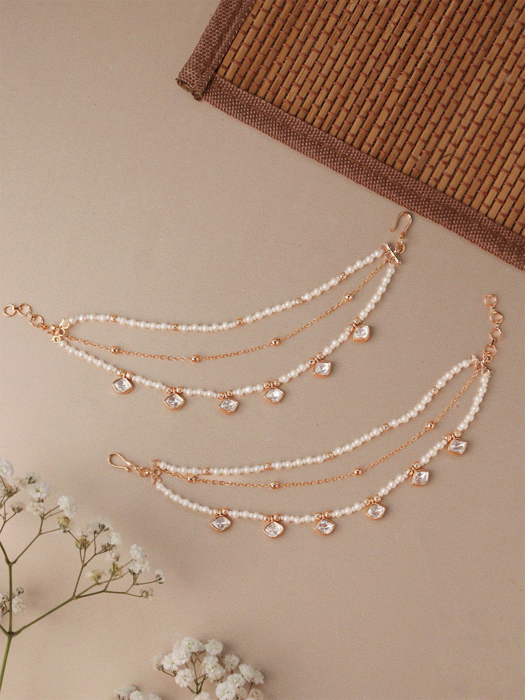 CURIO COTTAGE Gold-Plated Kundan Studded And Beaded Contemporary Shaped Ear Chains