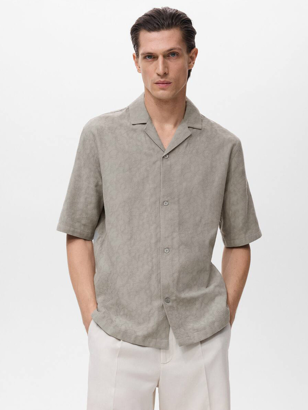MANGO MAN Self Design Cuban Collar Shirt