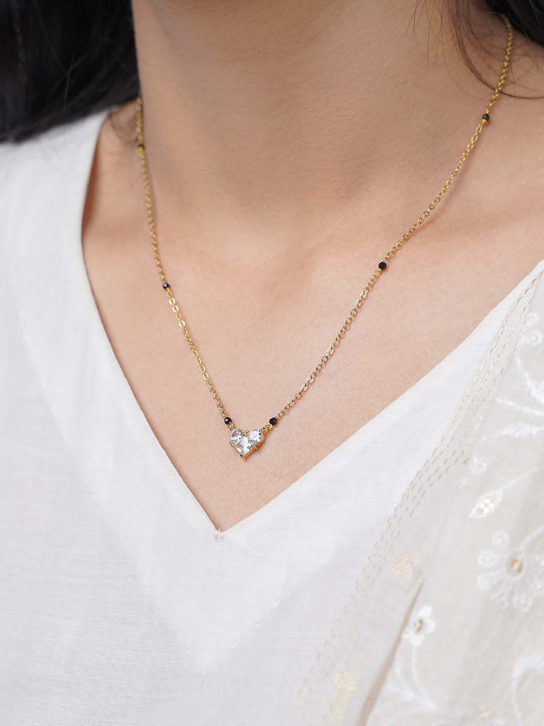 SWASHAA Rivana Gold-Plated Stainless Steel Stone Studded & Beaded Heart Mangalsutra