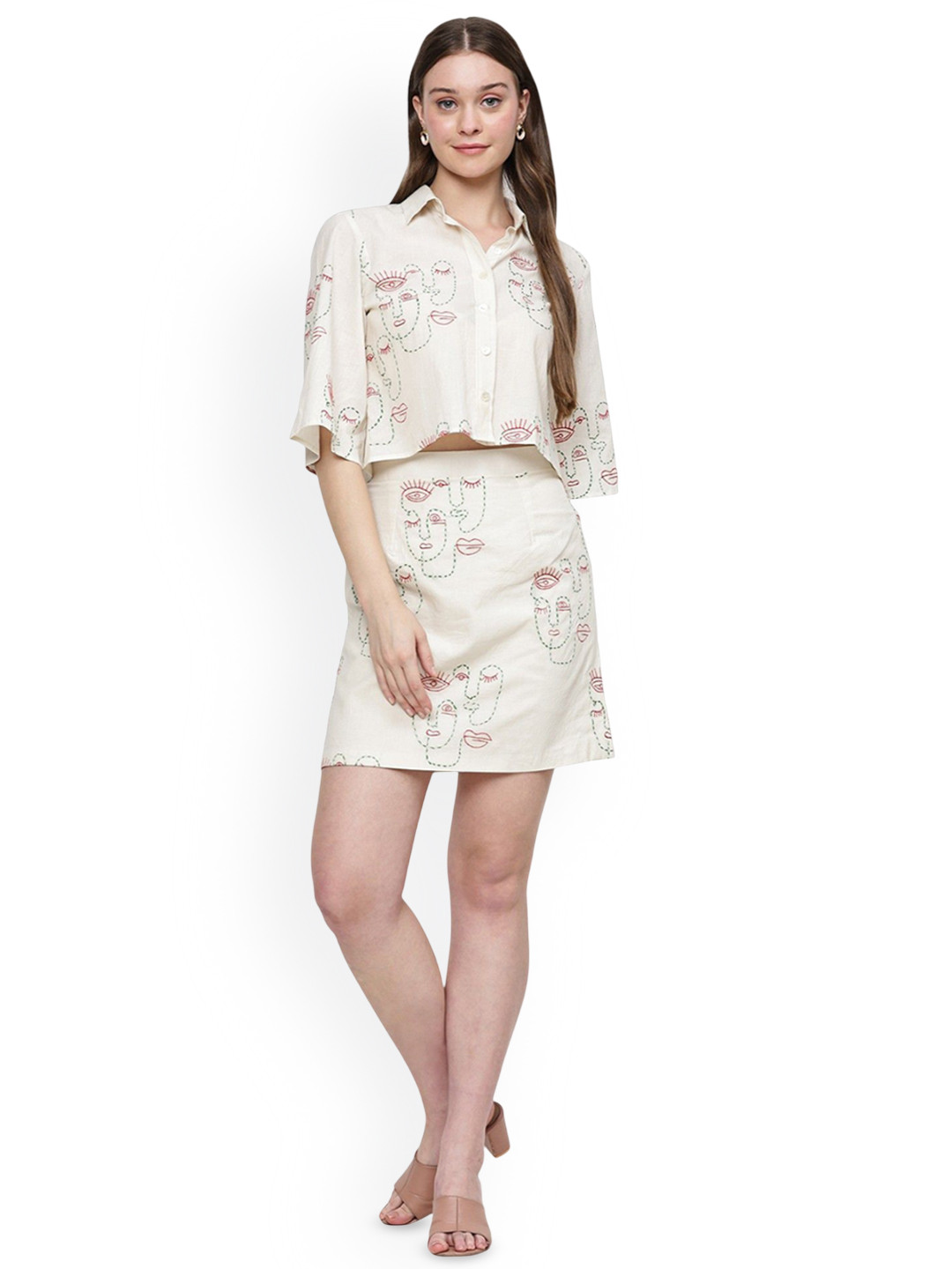 KELIN Embroidered Pure Cotton Crop-Shirt With Skirt Co-Ords