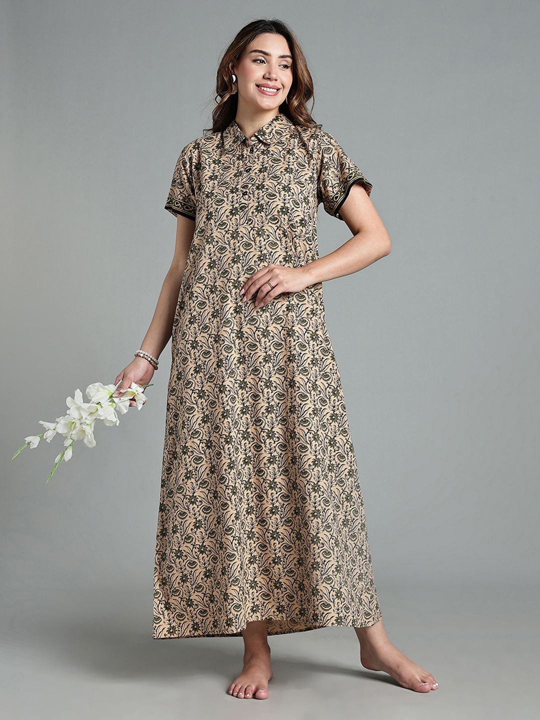 NAIDU HALL Women Ethnic Motifs Printed Lapel Collar Maxi Nightdress