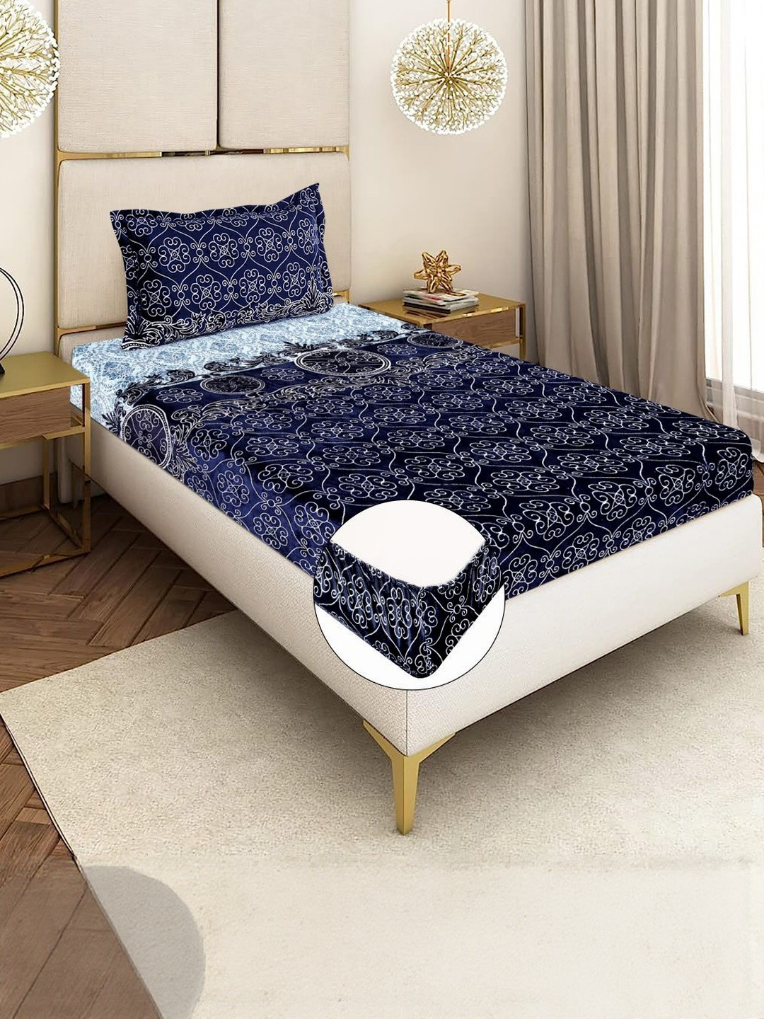 REALDREAM Velvet Blue Floral 300 TC Single Bedsheet with 1 Pillow Covers