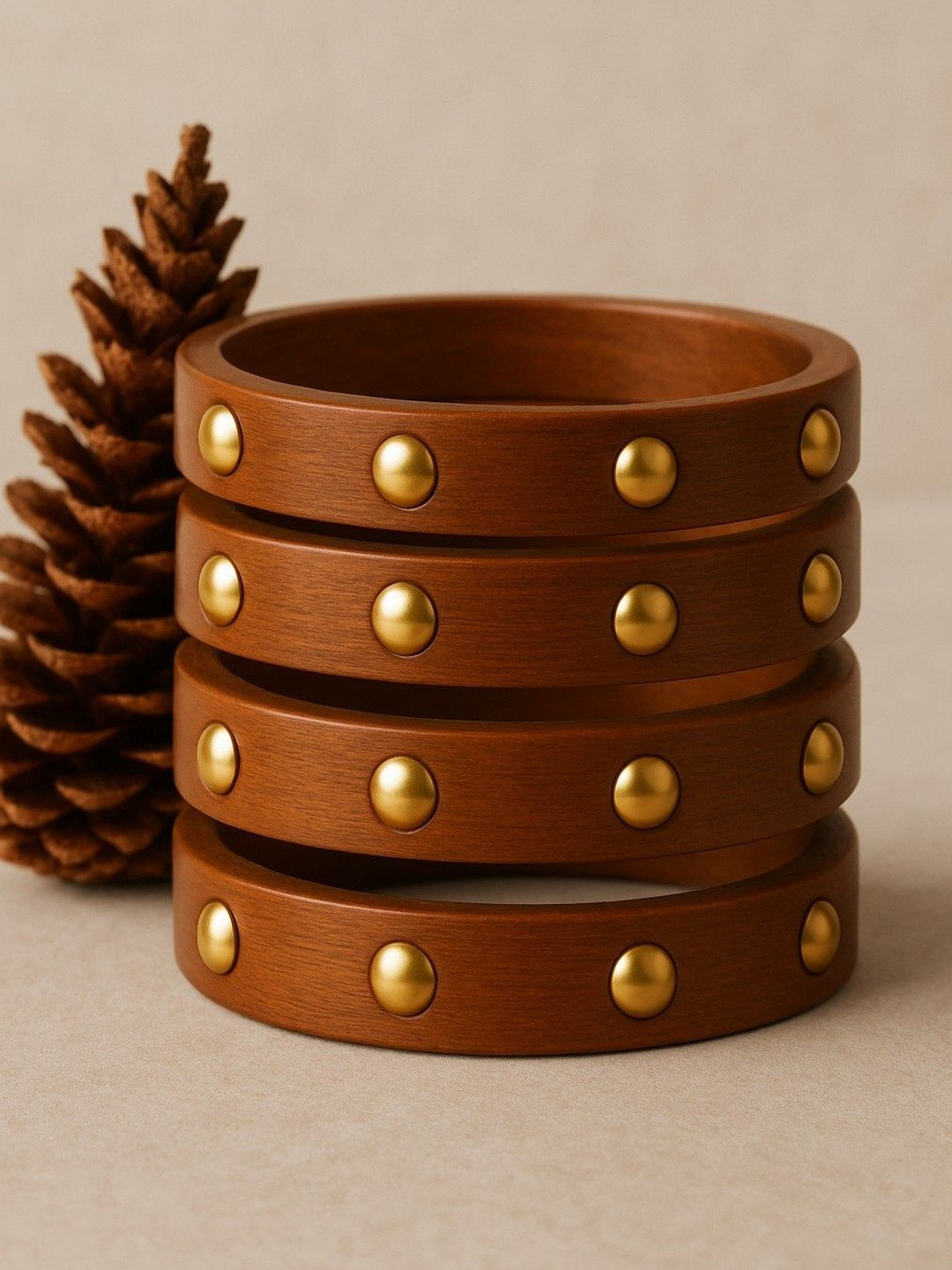DressBerry set of 4 Gold Plated & round shaped metal stone studded wooden bangles