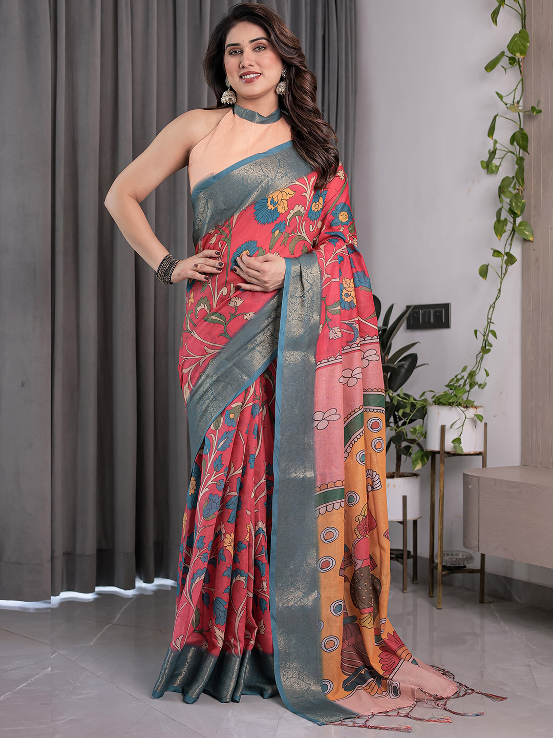 bansari textiles Ethnic Motifs Print Woven Design Zari Block Print Saree