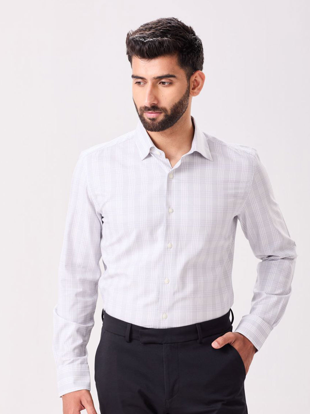 MH&Y Men Tartan Checked Spread Collar Cotton Formal Shirt