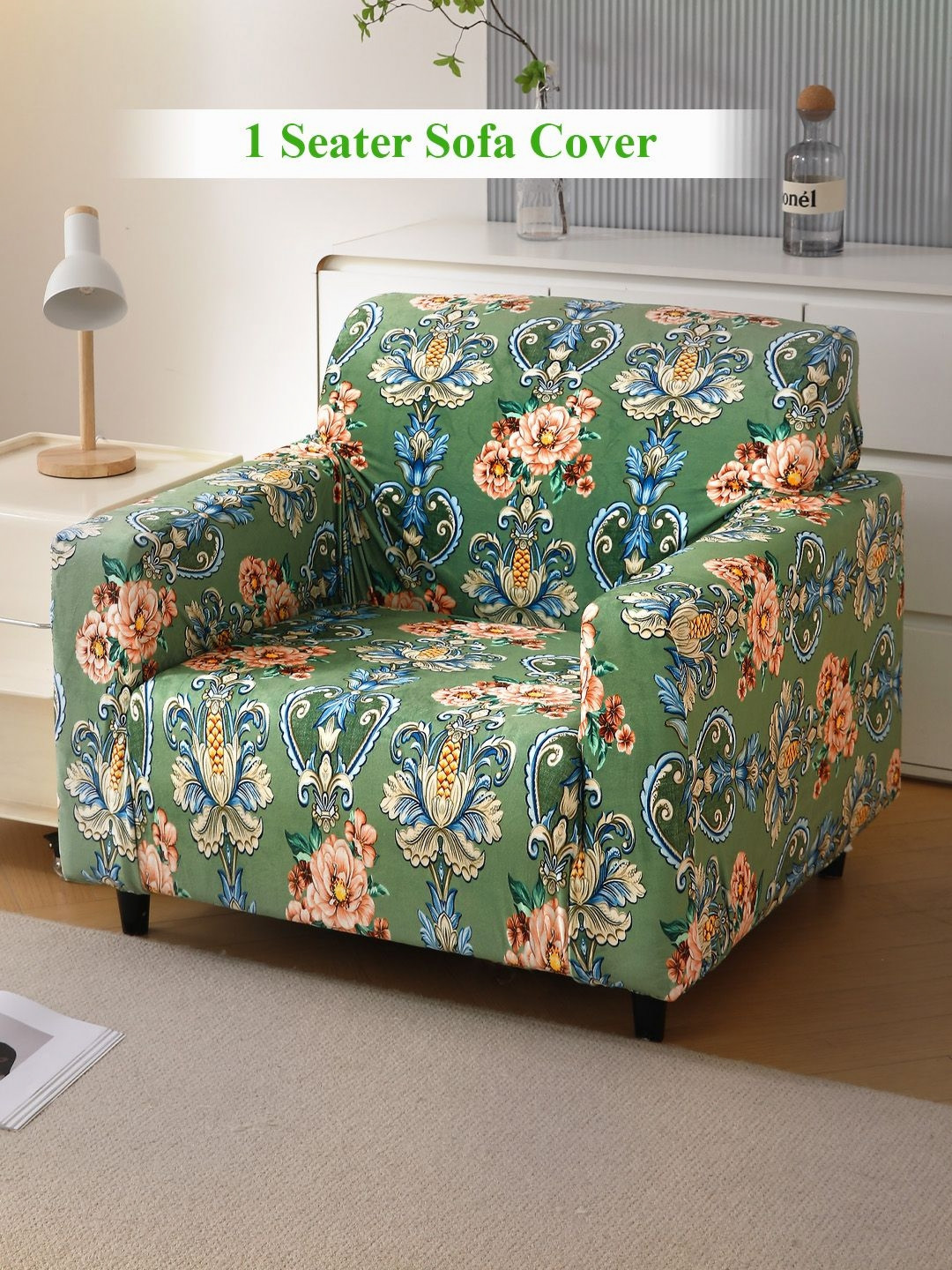 HOKIPO Victorian Garden Green & Orange Colored Printed Velvet 1 Seater Sofa Cover With Arm