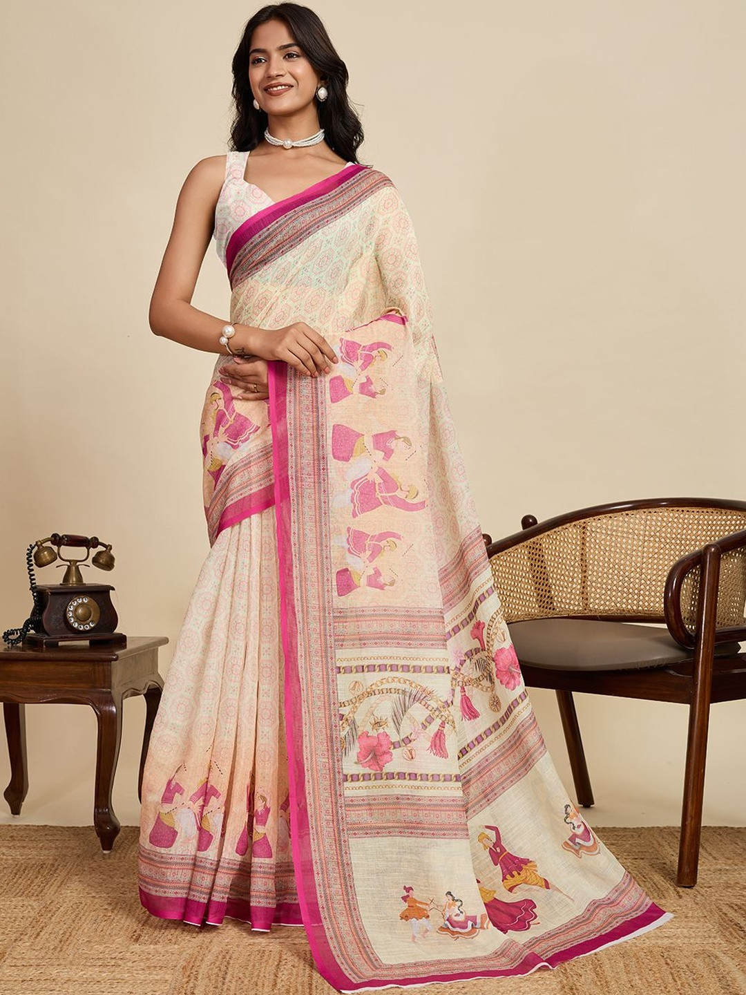 VS MALL Women Cream & Pink Linen Blend Saree