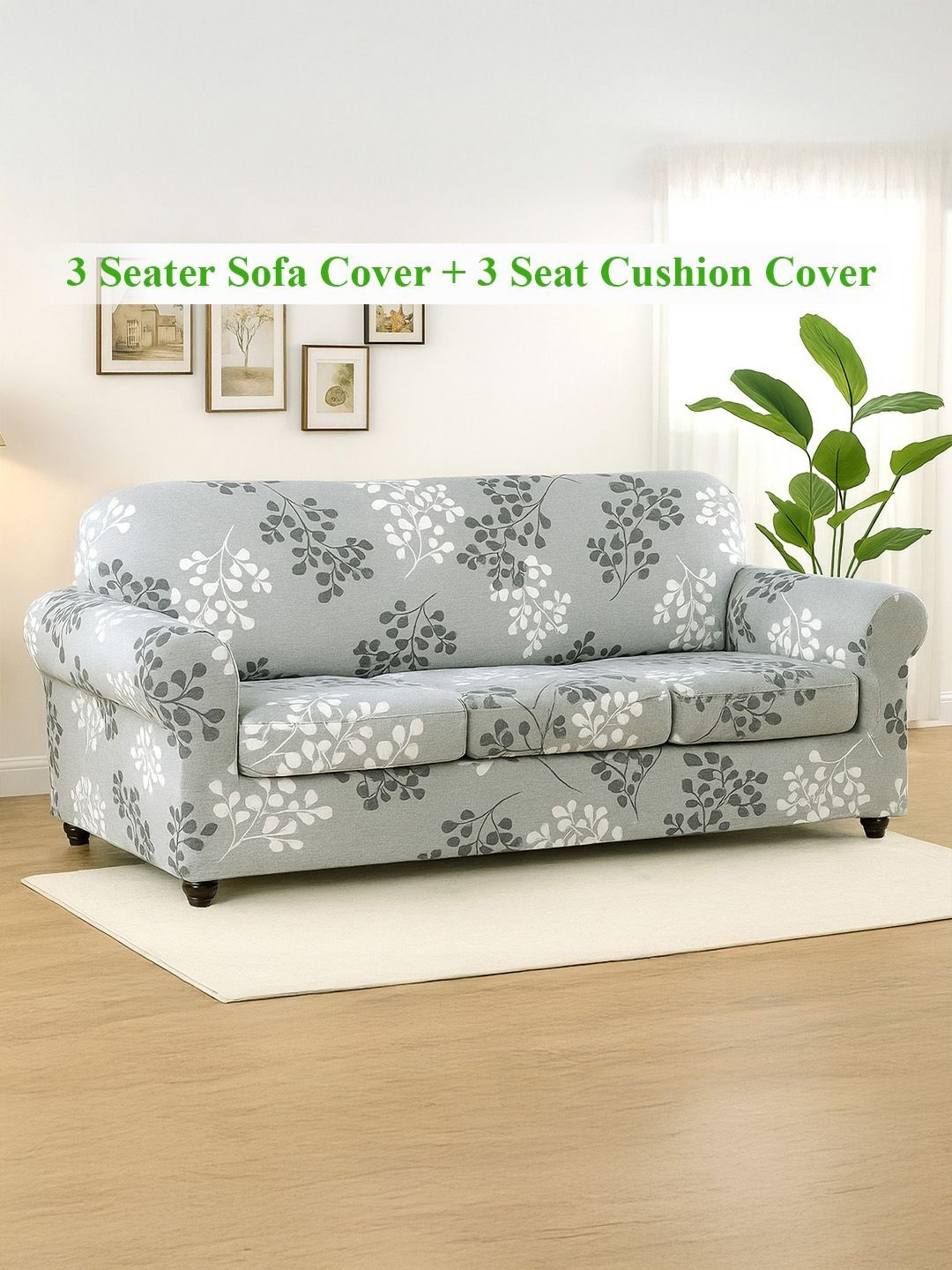HOKIPO Misty Branches Grey & White 4 Pieces Printed 3 Seater Sofa Cover With Arms