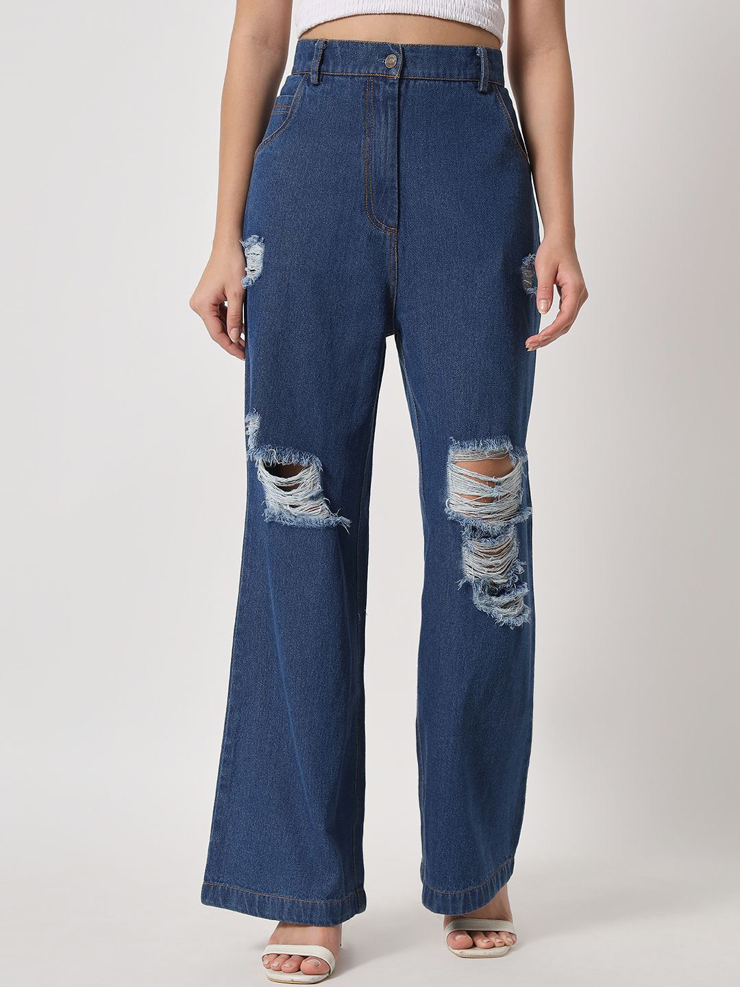 R.Code by The Roadster Life Co. Women Flared High-Rise Highly Distressed Jeans