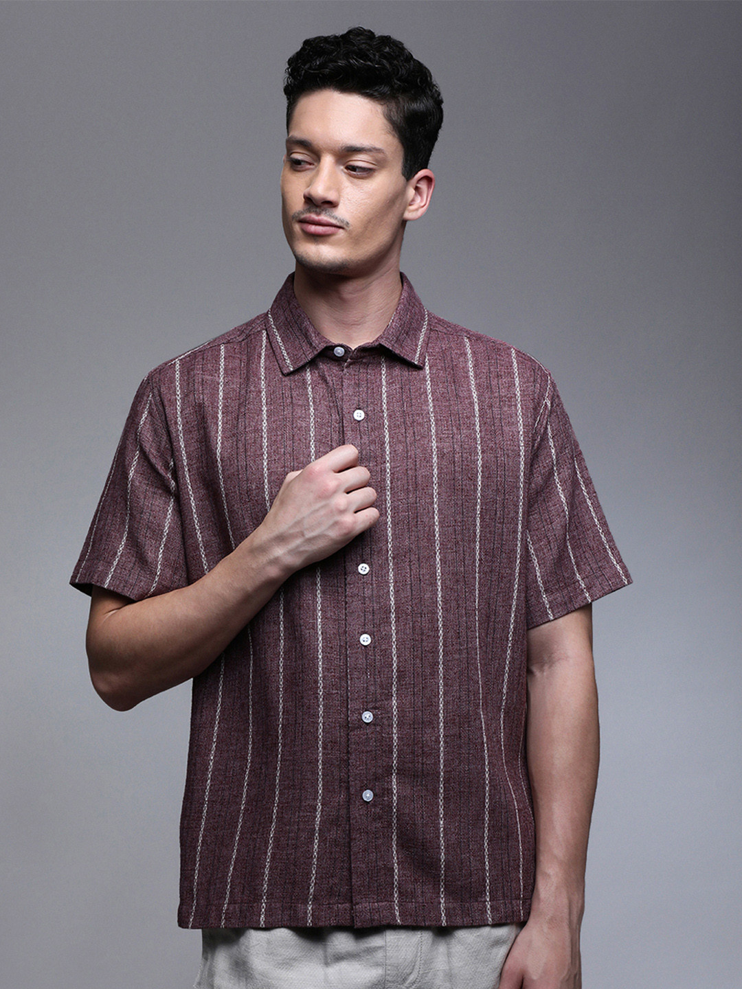 Paper Cut Relaxed Fit Striped Printed Cotton Spread Collar Shirt