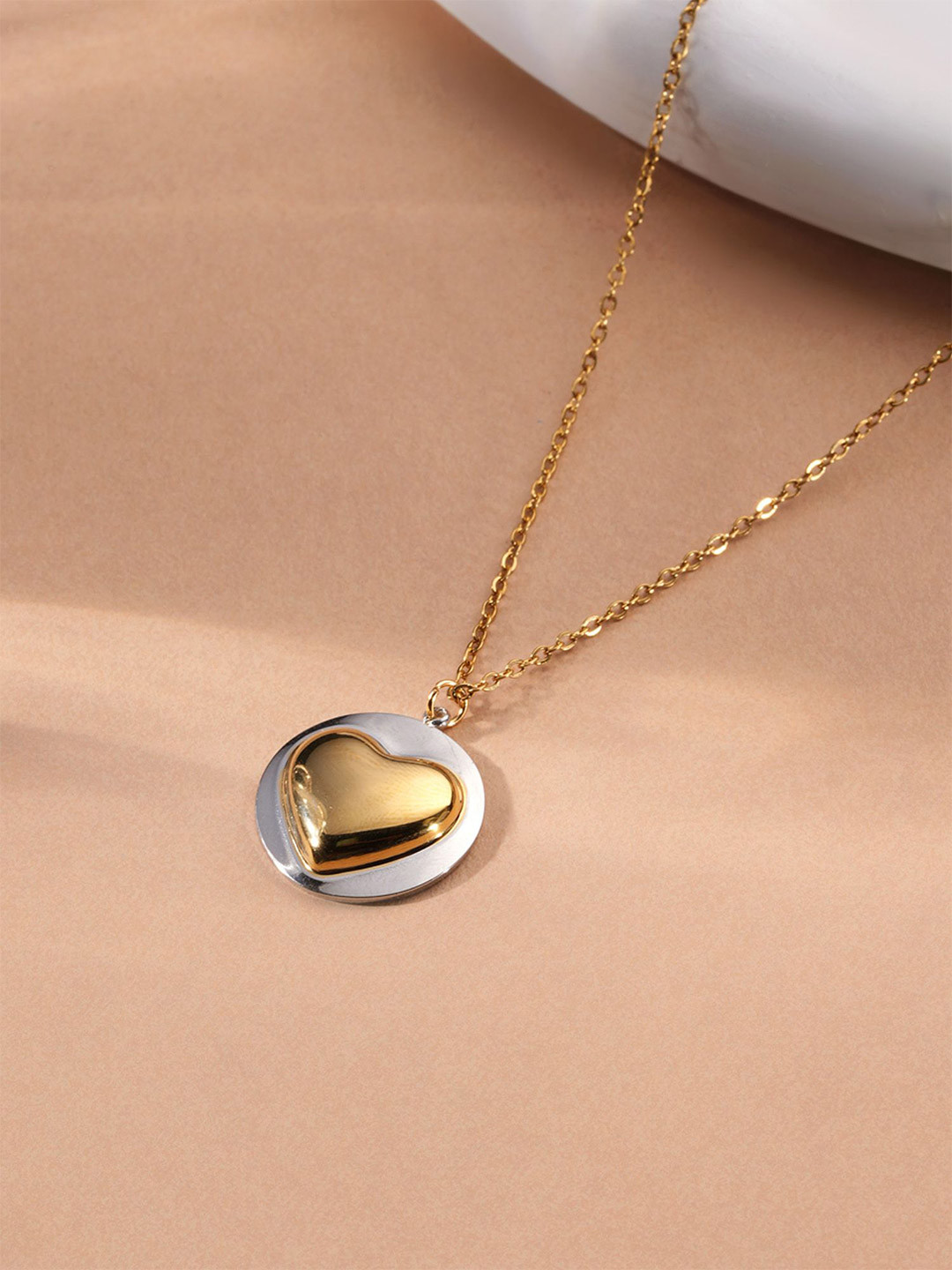 PALMONAS Gold-Plated Stainless Steel Statement Heart Circle Anti-Tarnish Pendant & Chain