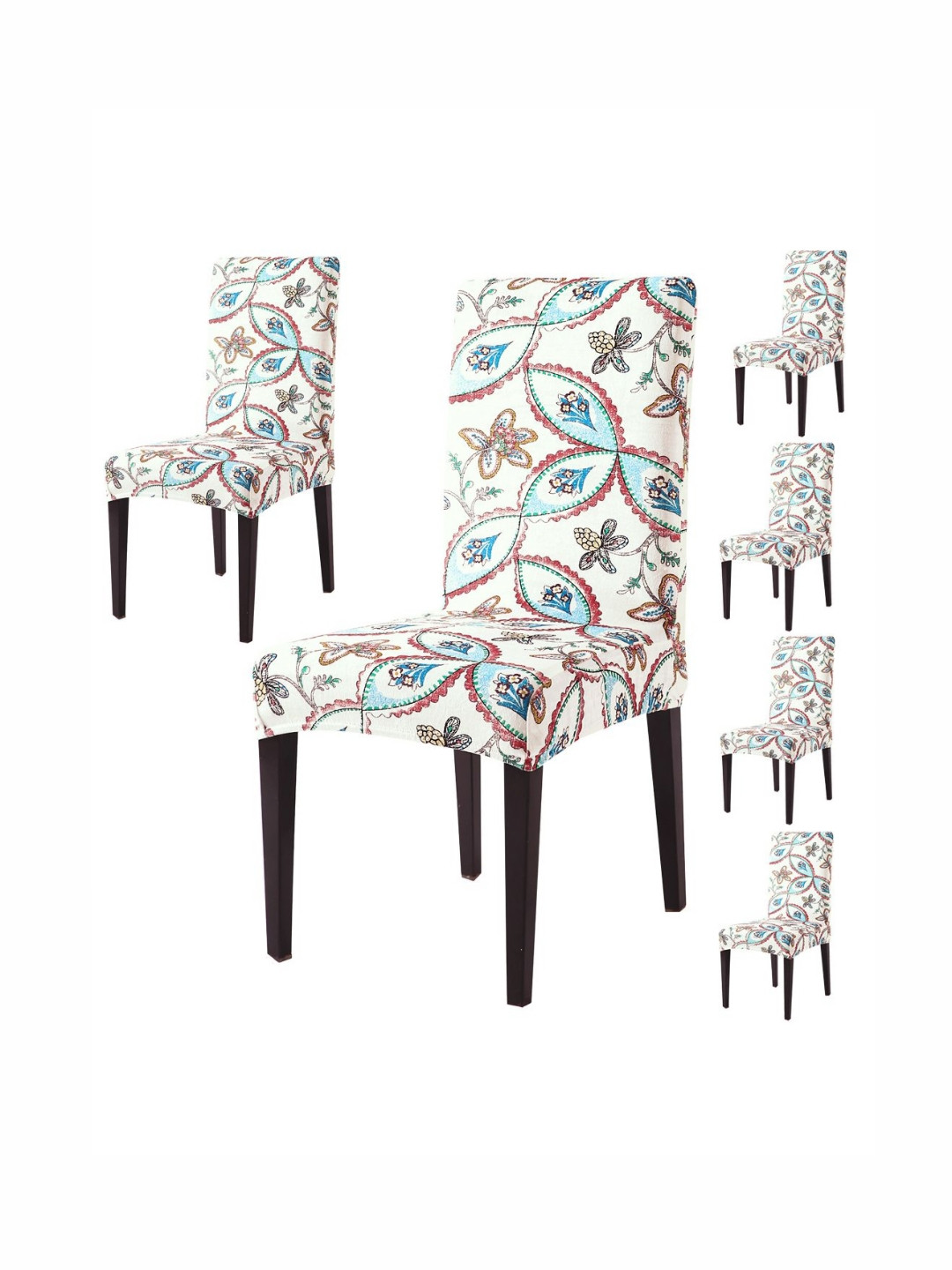 HOKIPO Set Of 6 Beige & Blue Printed Velvet Chair Covers