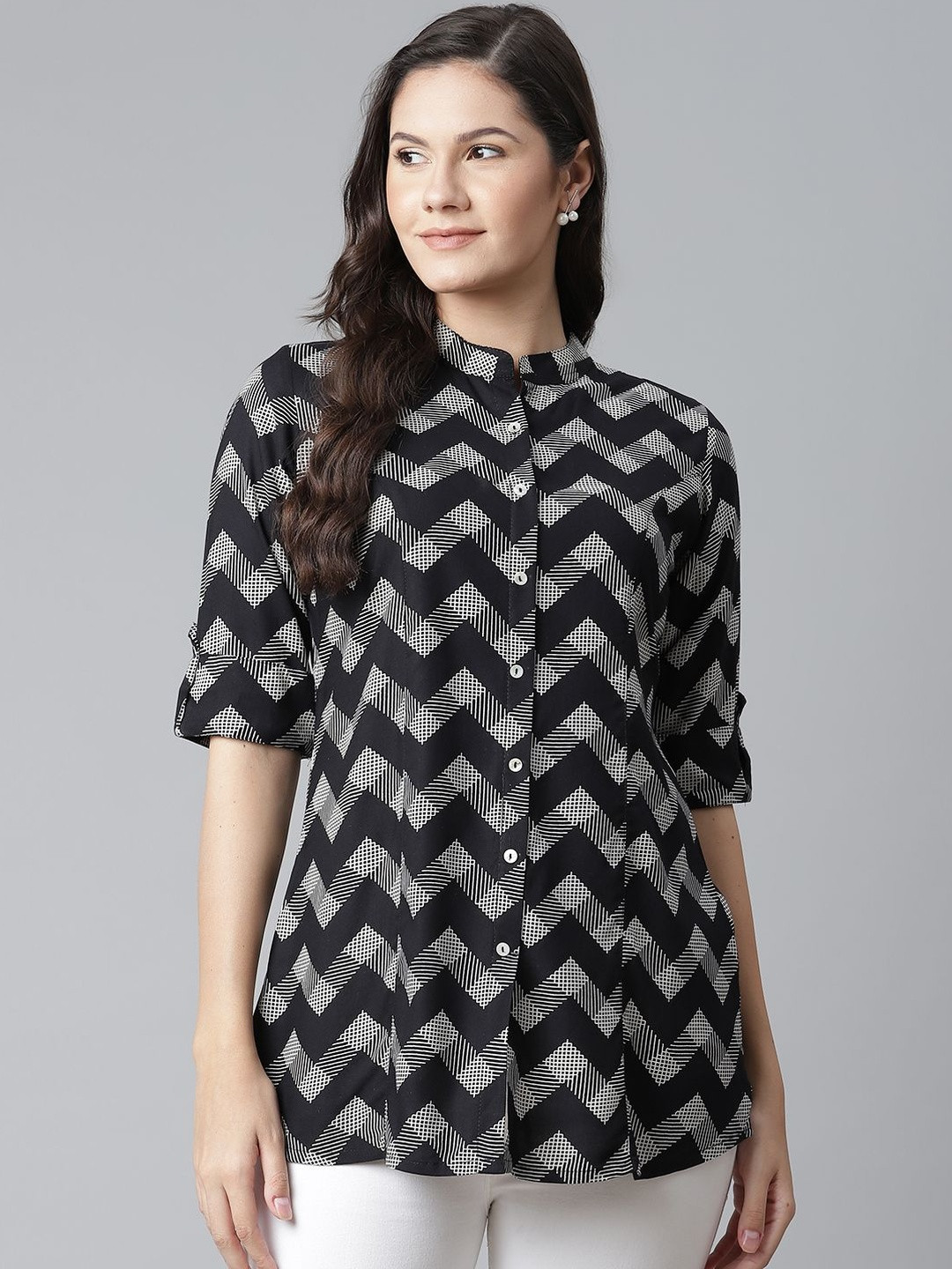 KALINI Women Black Zigzag Print Viscose Rayon Mandarin Collar Roll-Up Sleeves Top