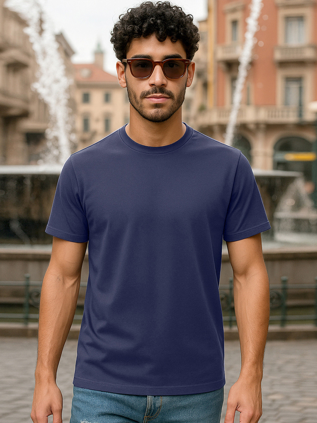 Bewakoof Blue Round Neck Cotton T-shirt