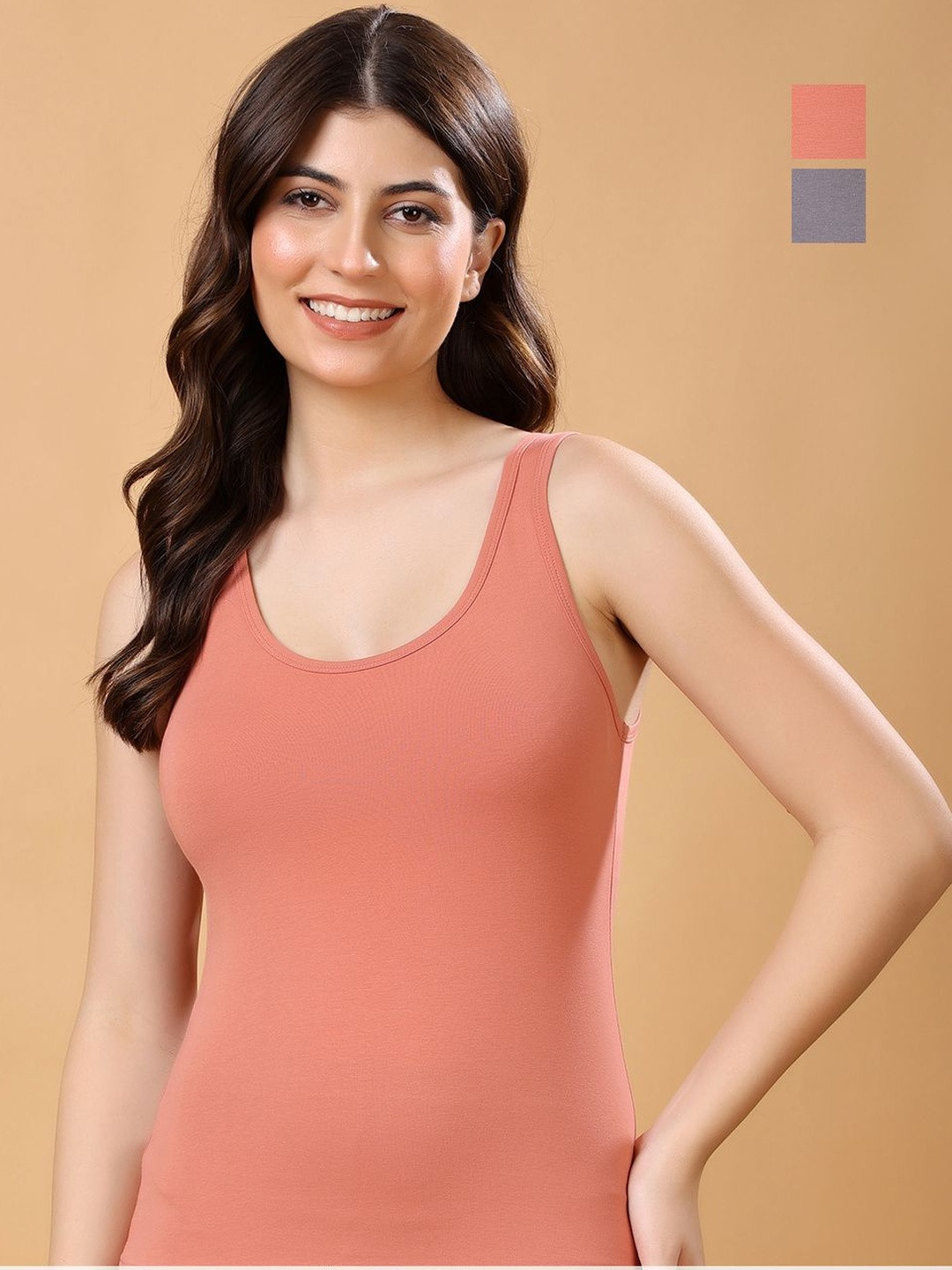Floret Women Pack of 2 Rust & Grey Solid Non Padded Cotton Lycra Camisoles