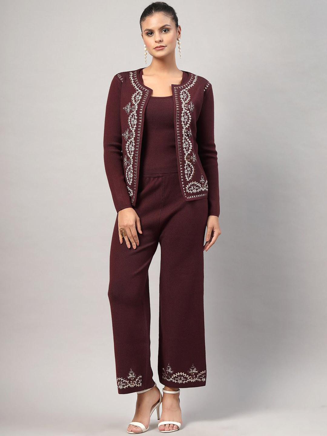 Mafadeny Women Squre Neck Top & Trousers With Embroidered  Jacket Co-Ords