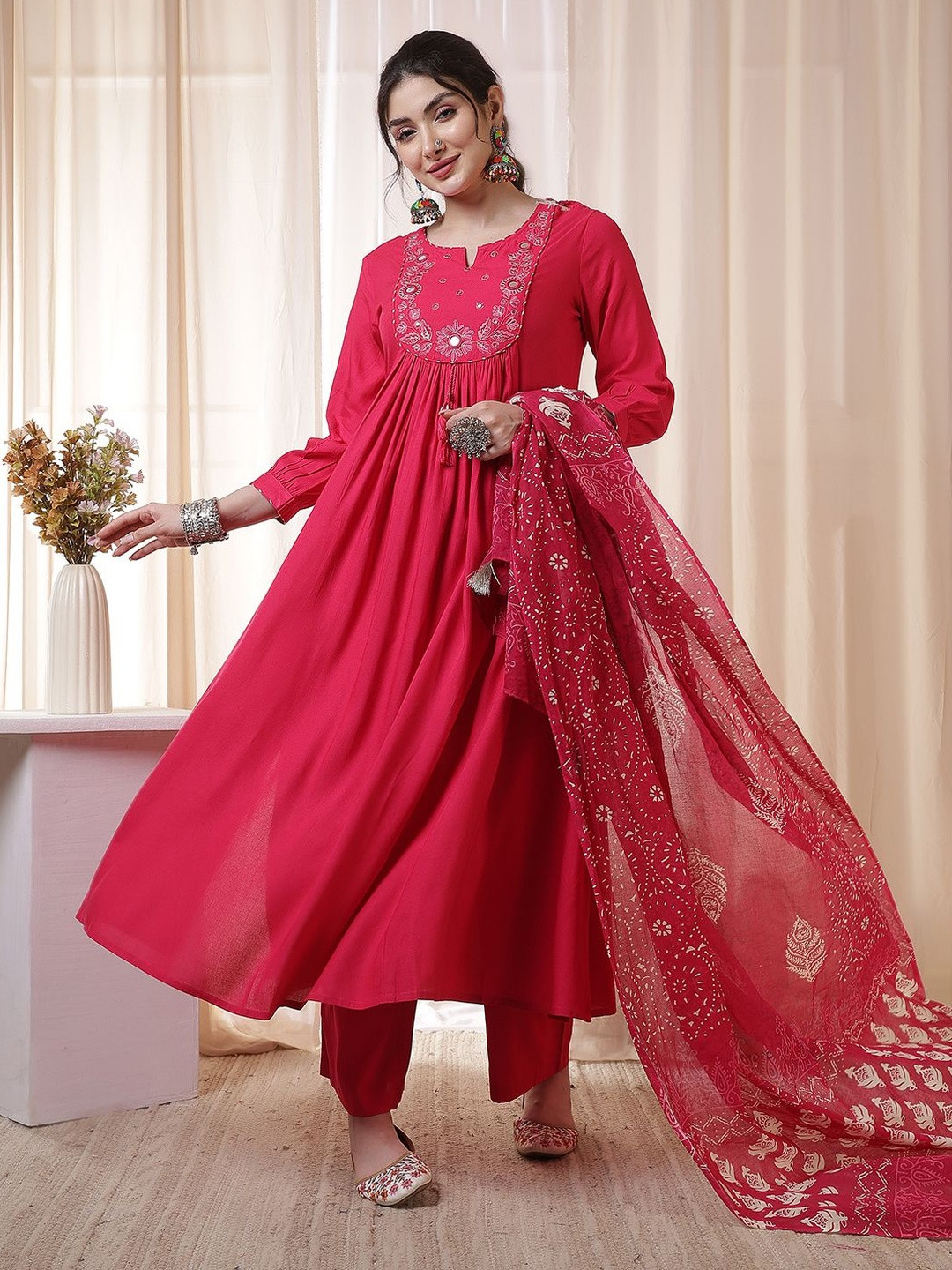 KIMAYRA Floral Embroidered Sequinned Anarkali Kurta with Palazzos & Dupatta
