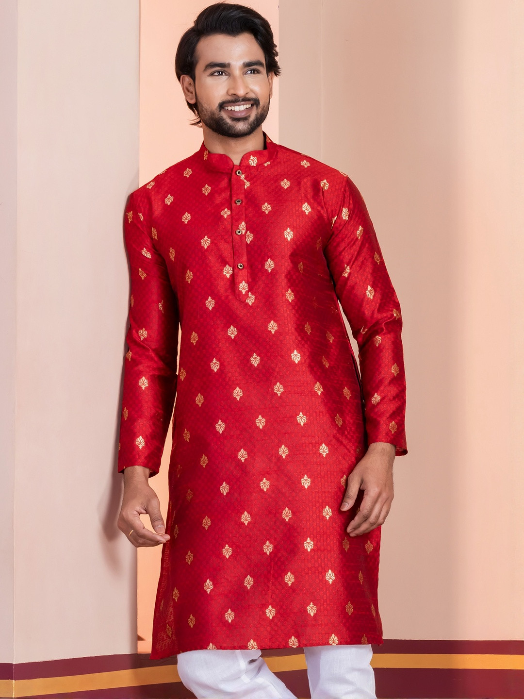 PulseIQ Men Red Ethnic Motifs Jacquard Mandarin Collar Straight Kurtas