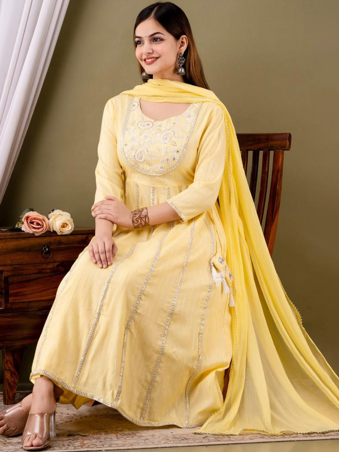 Anouk Rustic Floral Embroidered Thread Work Anarkali Kurta With Trousers & Dupatta