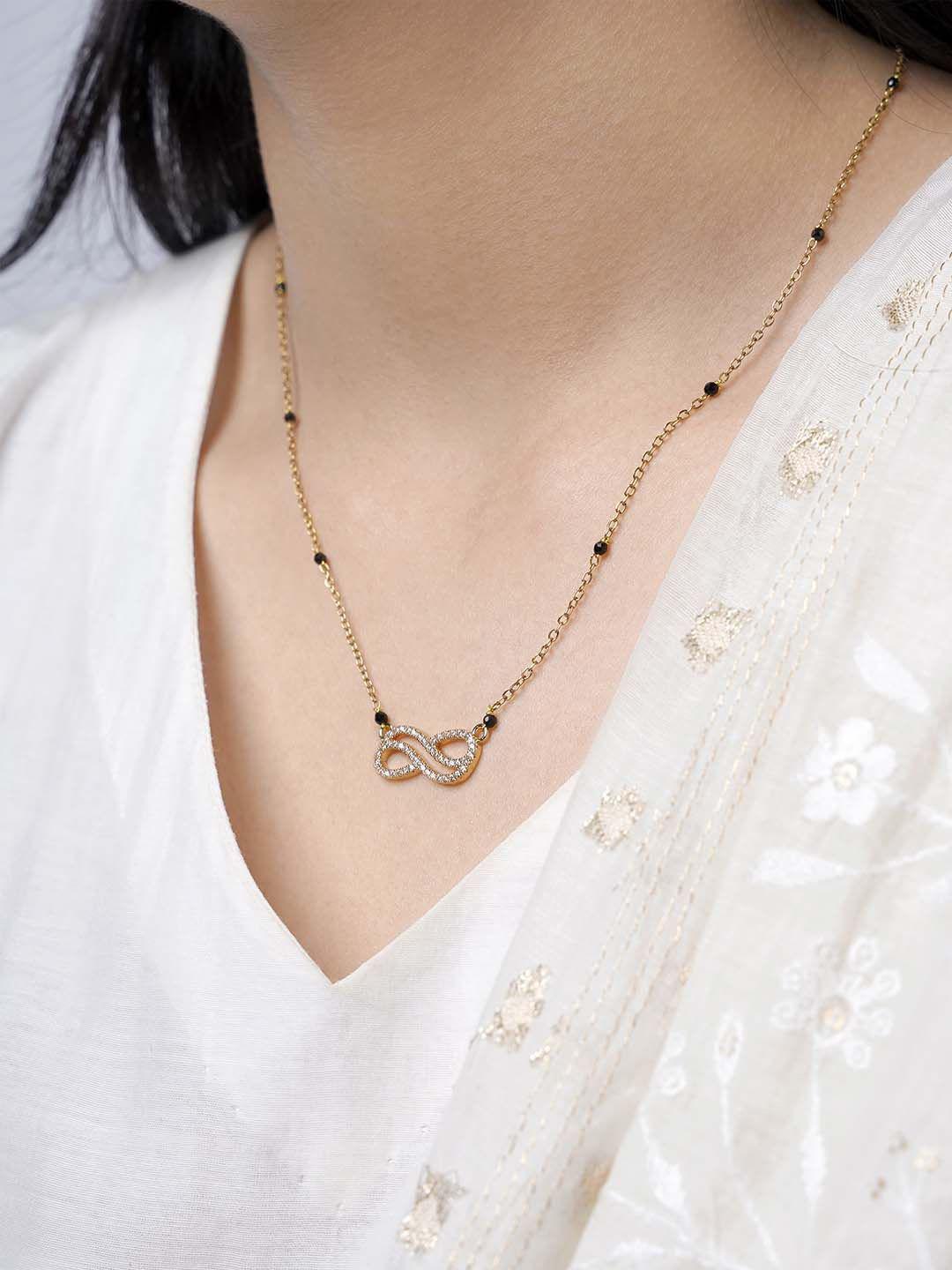 SWASHAA Aavya Gold-Plated Stainless Steel Stone Studded & Beaded Infinity Mangalsutra