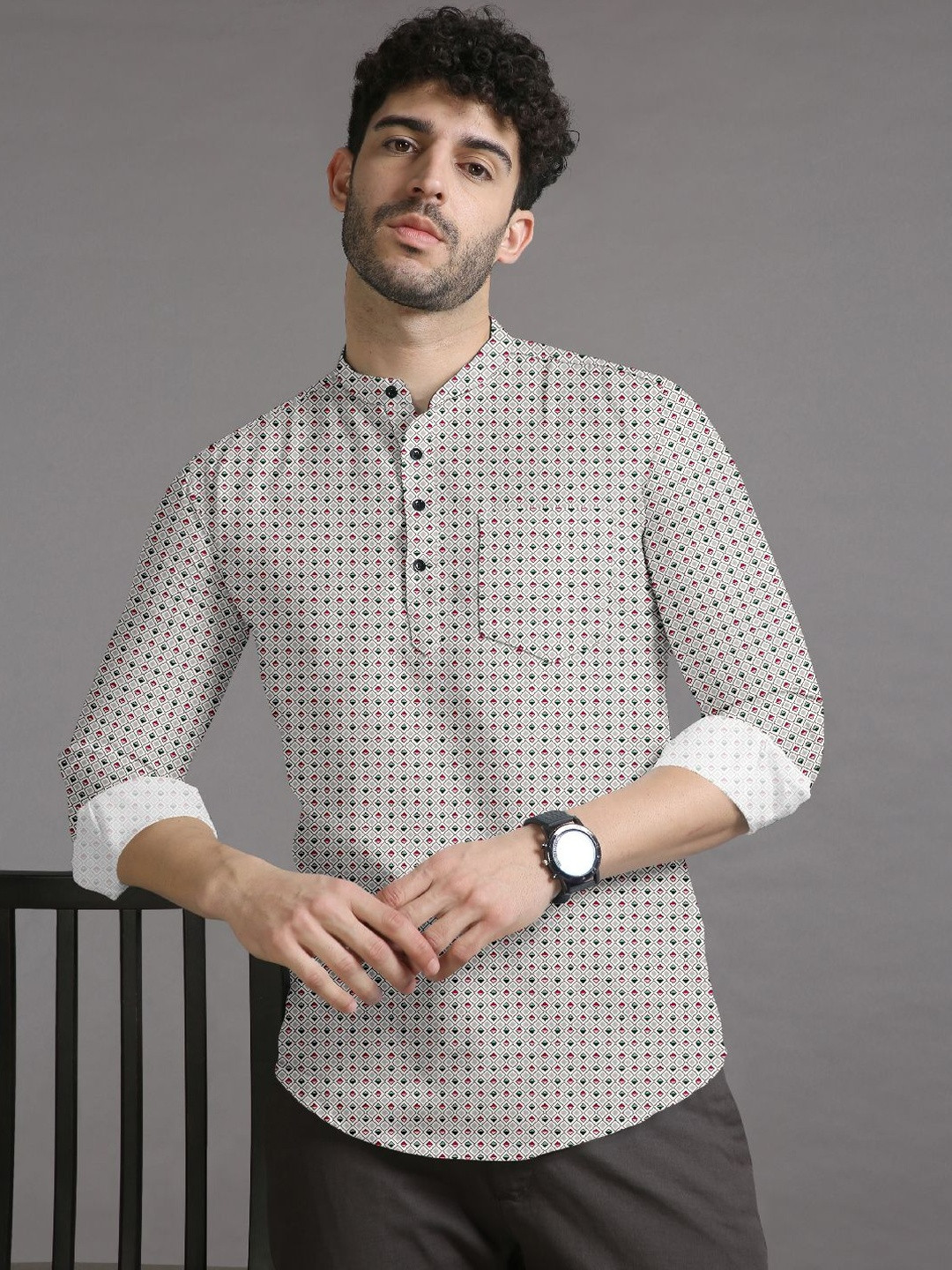 Eleni Trendz Men Digital Printed Mandarin Collar Shirt Style Kurta