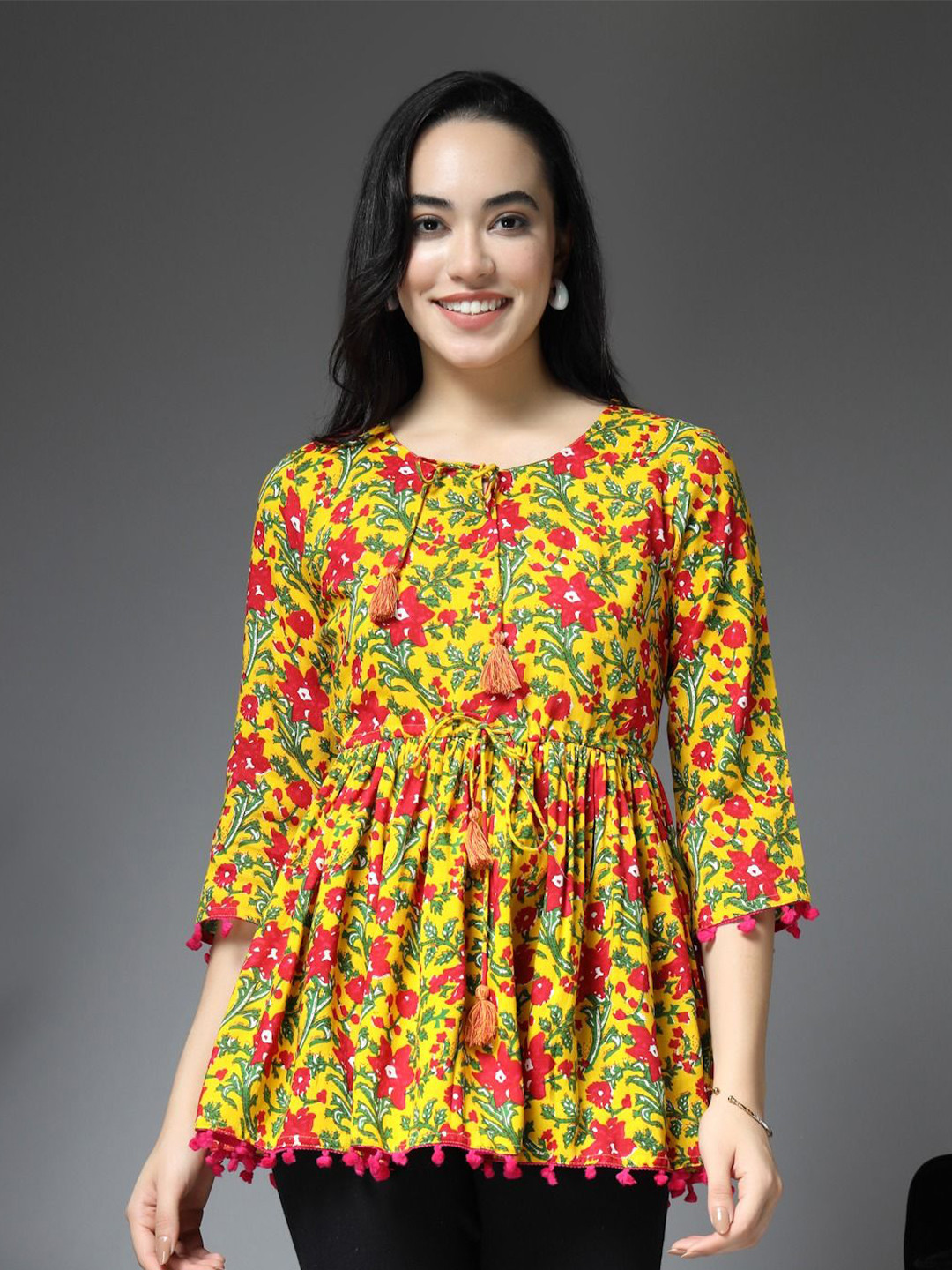 RANGEELO JAIPUR Women Floral Print Tie-Up Neck Peplum Top