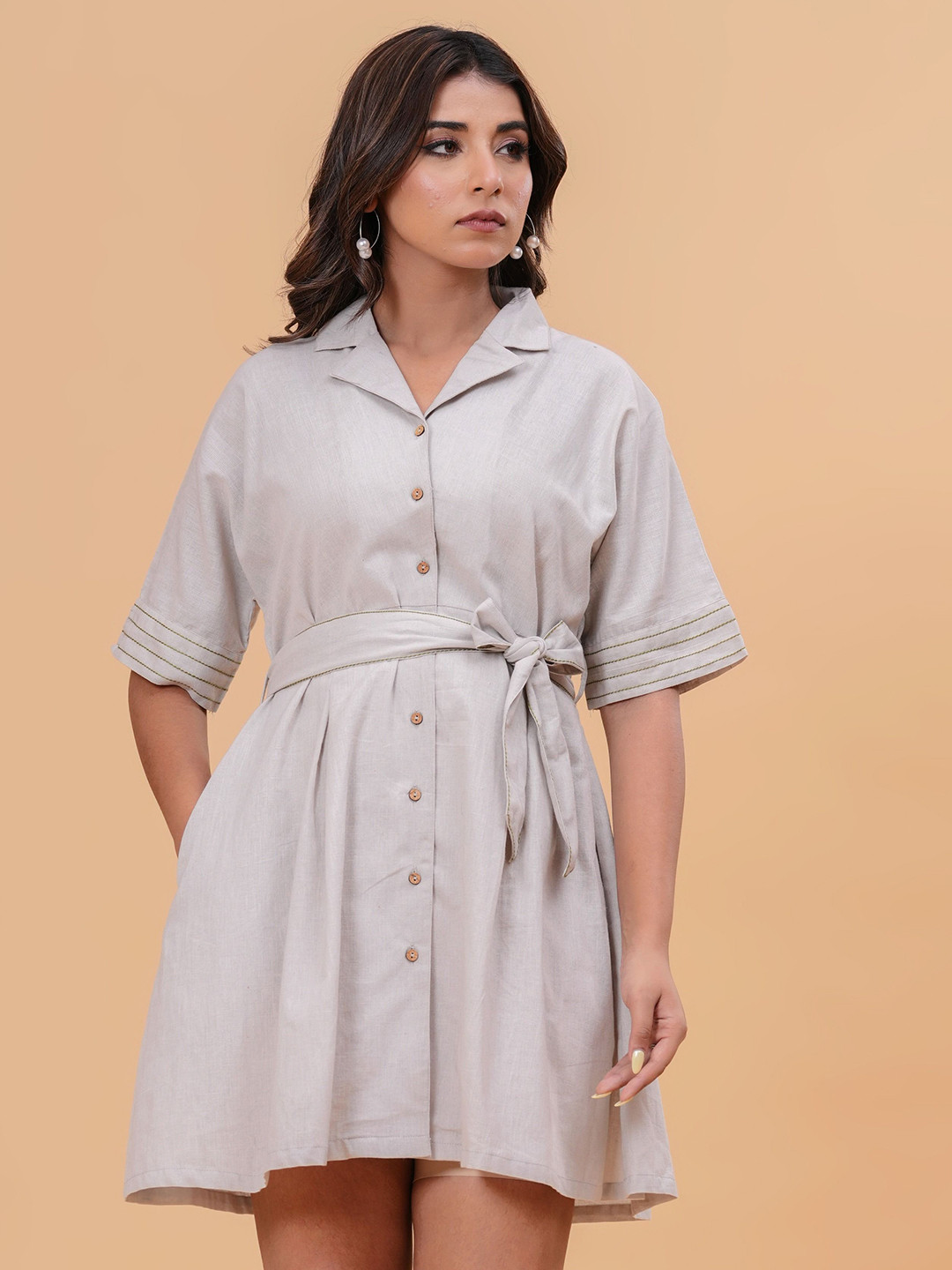 Garin Women Cotton Linen Shirt Mini Dress With Belted