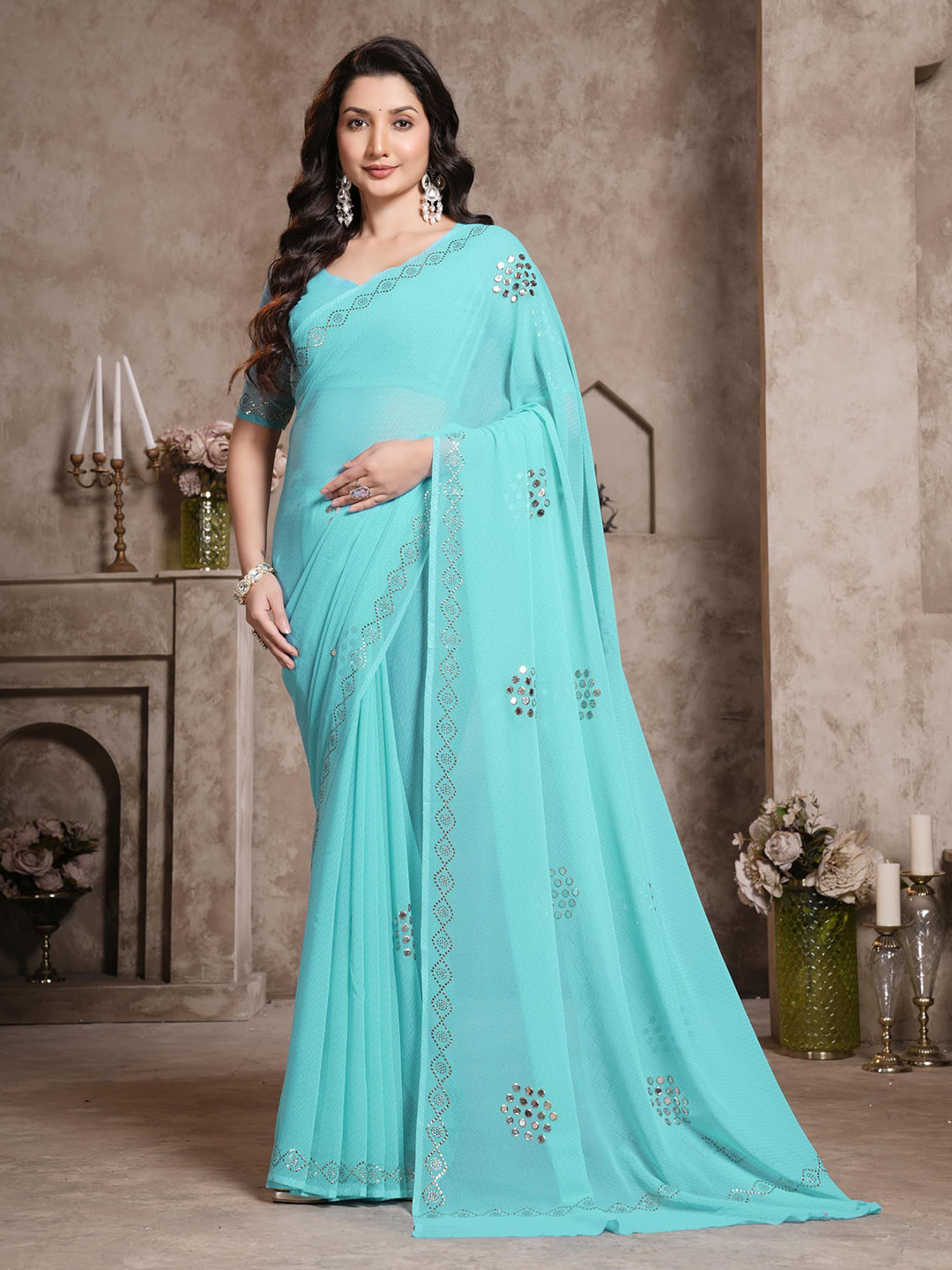 Garden Vareli Solid Mirror Work Pure Georgette Saree